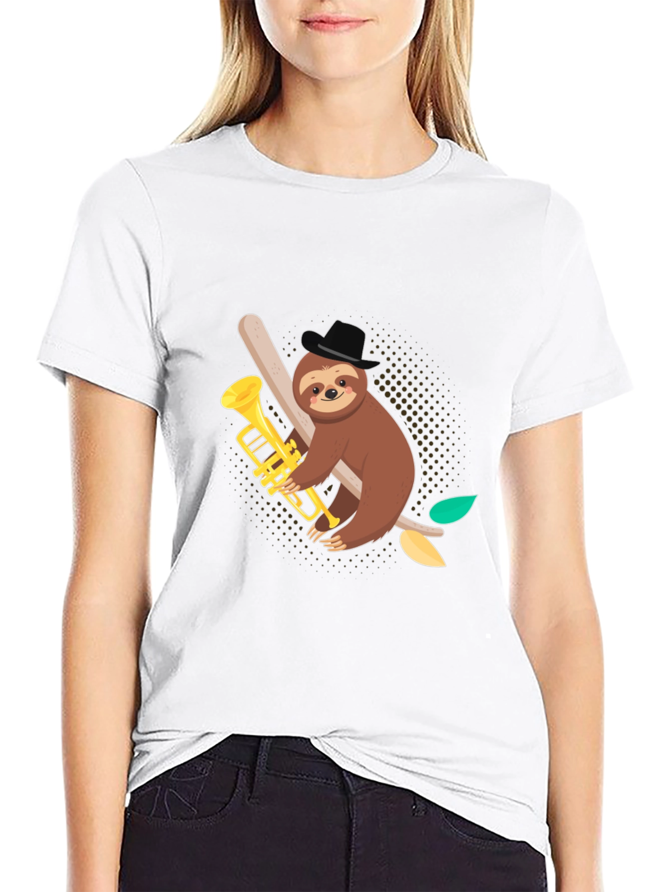 Sloth Trumpet Player Black Graphic Tee