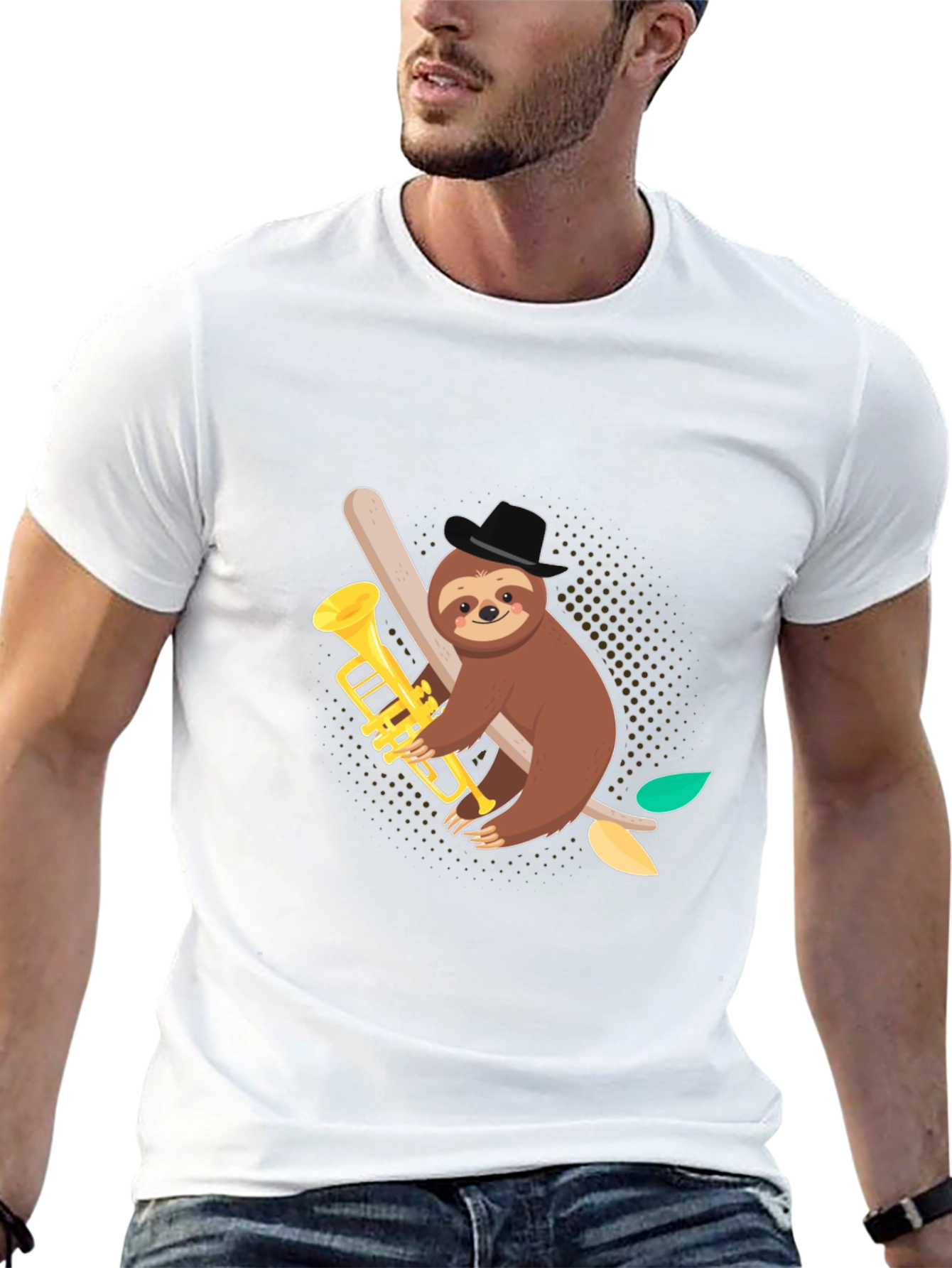 Sloth Trumpet Player Black Graphic Tee