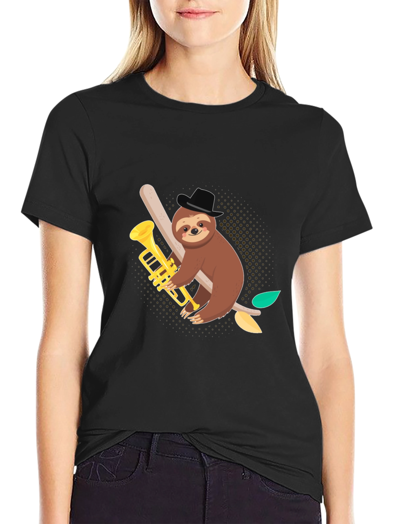 Sloth Trumpet Player Black Graphic Tee