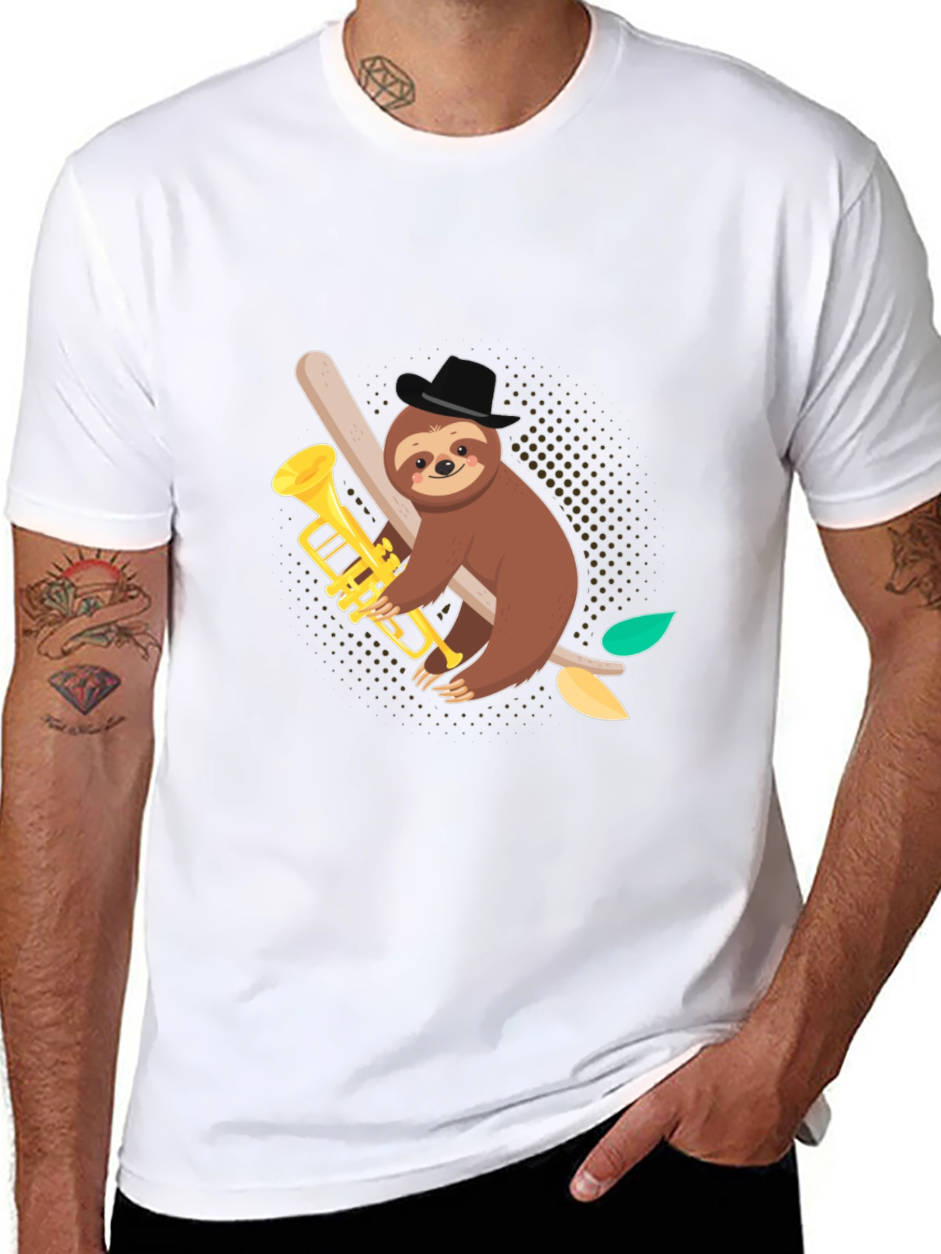 Sloth Trumpet Player Black Graphic Tee