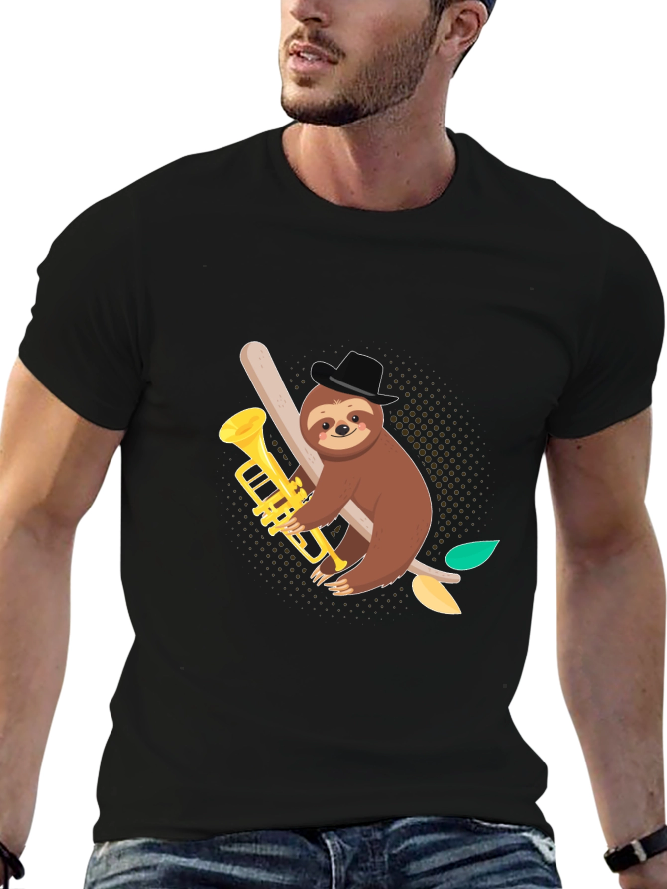 Sloth Trumpet Player Black Graphic Tee