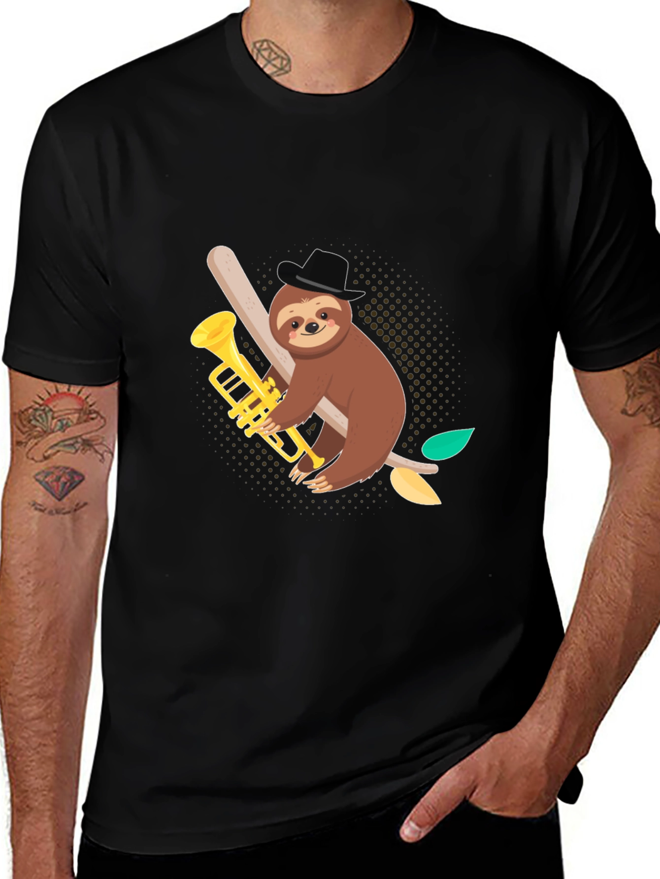 Sloth Trumpet Player Black Graphic Tee