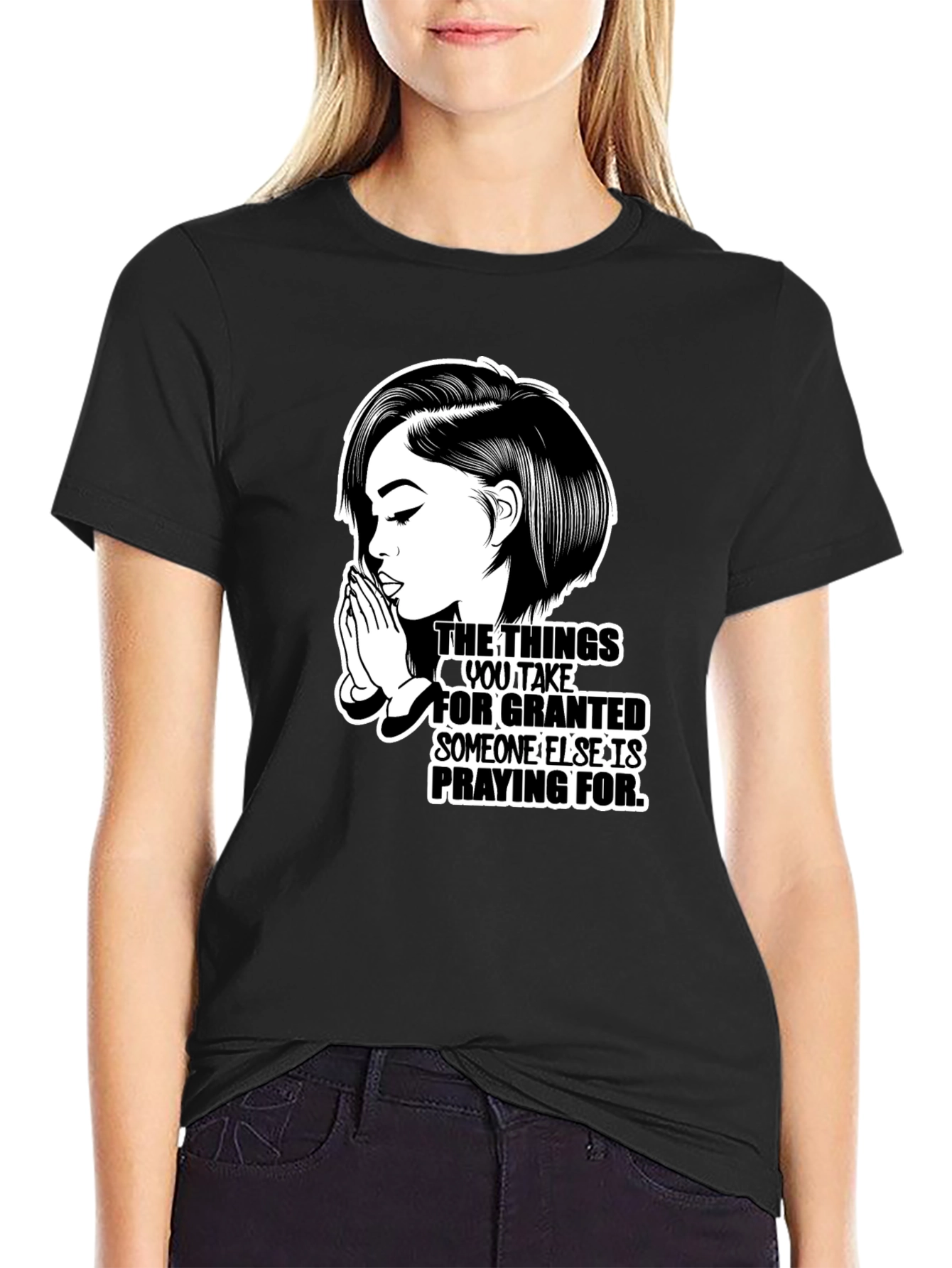 Praying Woman Graphic T-Shirt - Black