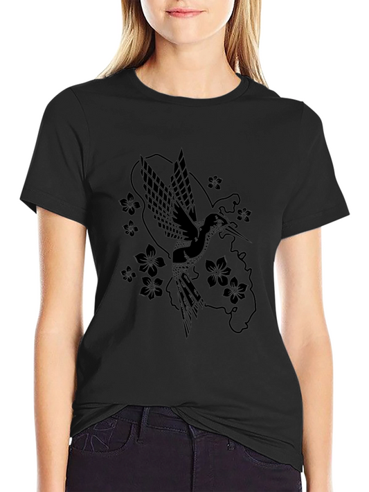 Hummingbird & Flower Graphic Black T-Shirt