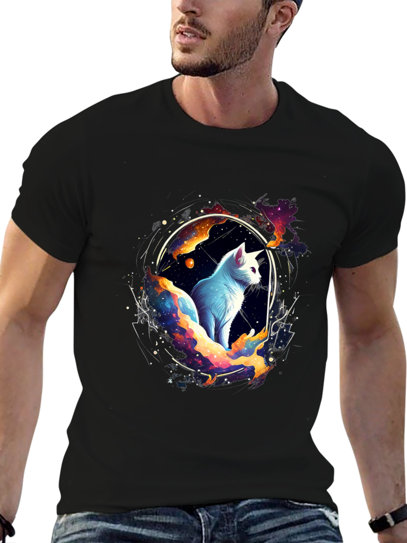 Cosmic Cat Black T-Shirt - Celestial Feline Design