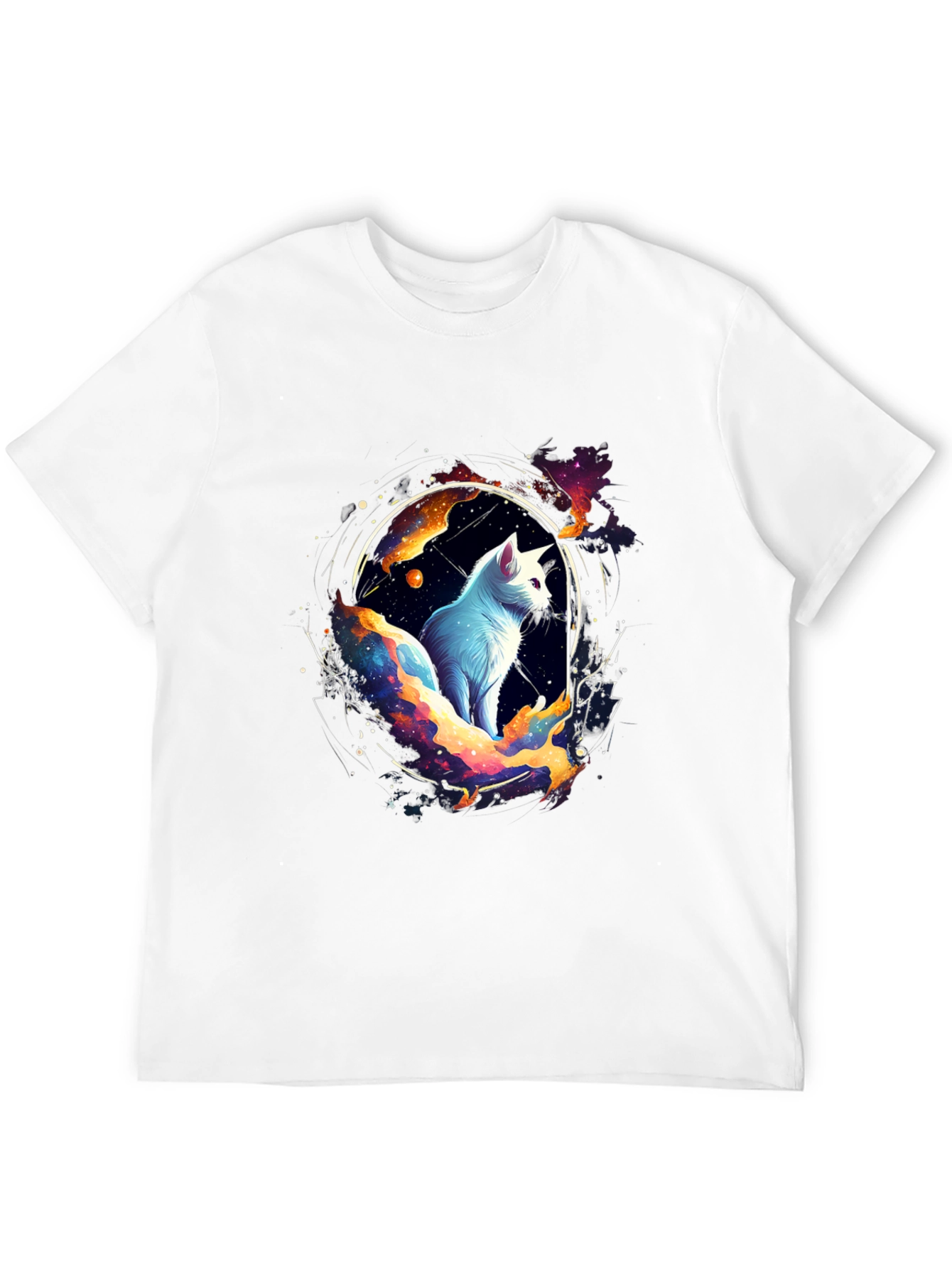 Cosmic Cat Black T-Shirt - Celestial Feline Design
