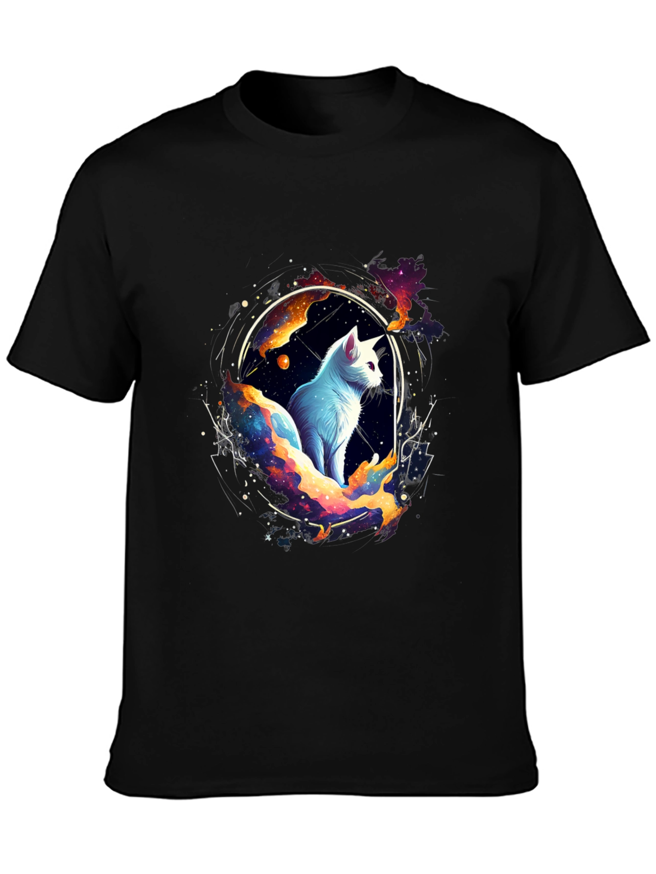 Cosmic Cat Black T-Shirt - Celestial Feline Design