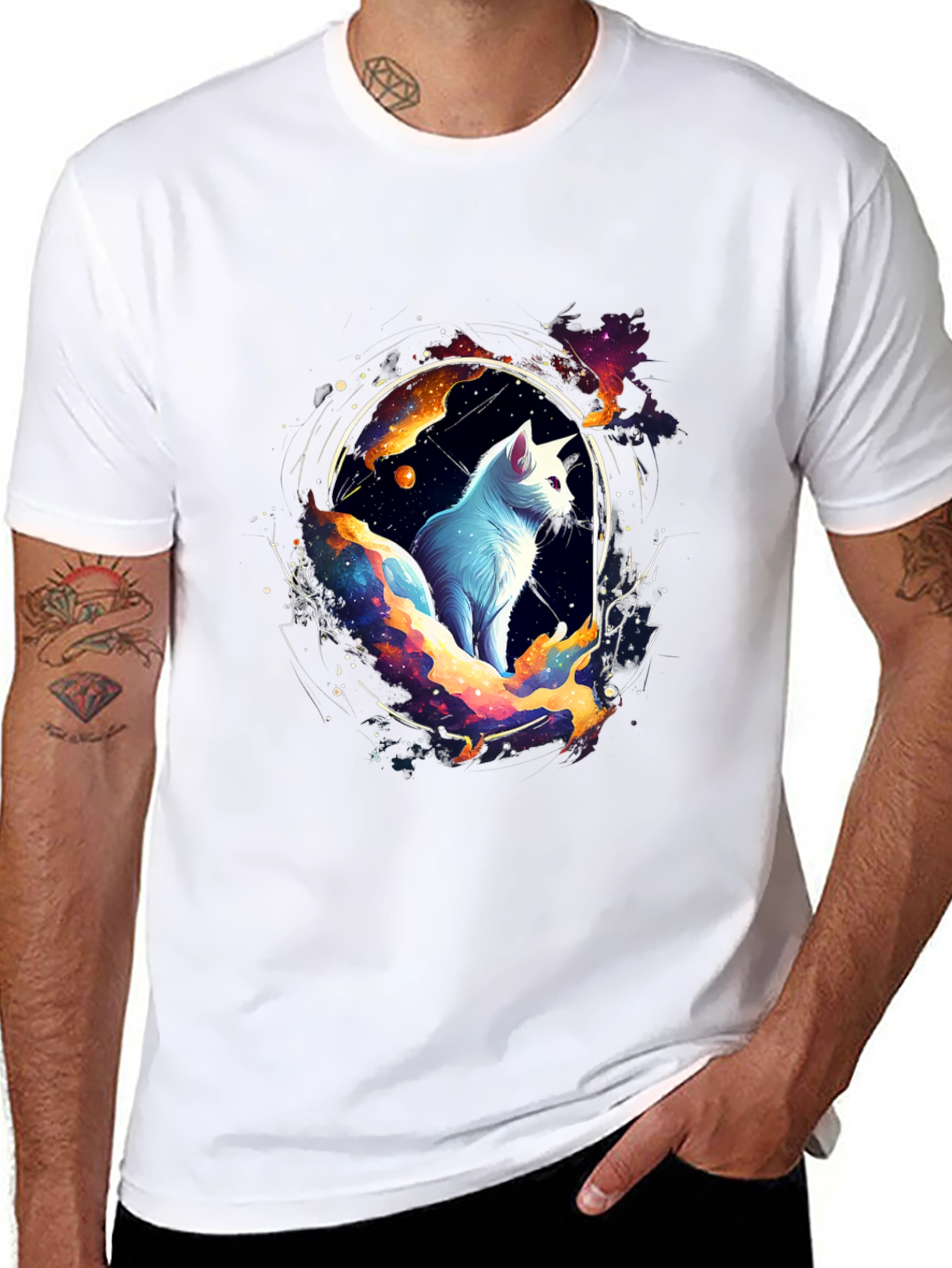 Cosmic Cat Black T-Shirt - Celestial Feline Design