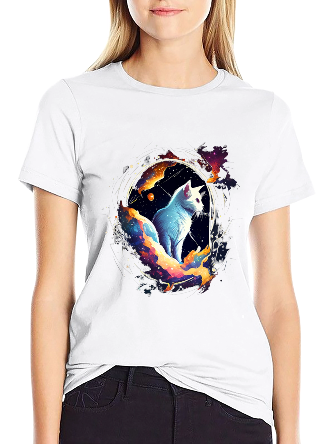 Cosmic Cat Black T-Shirt - Celestial Feline Design