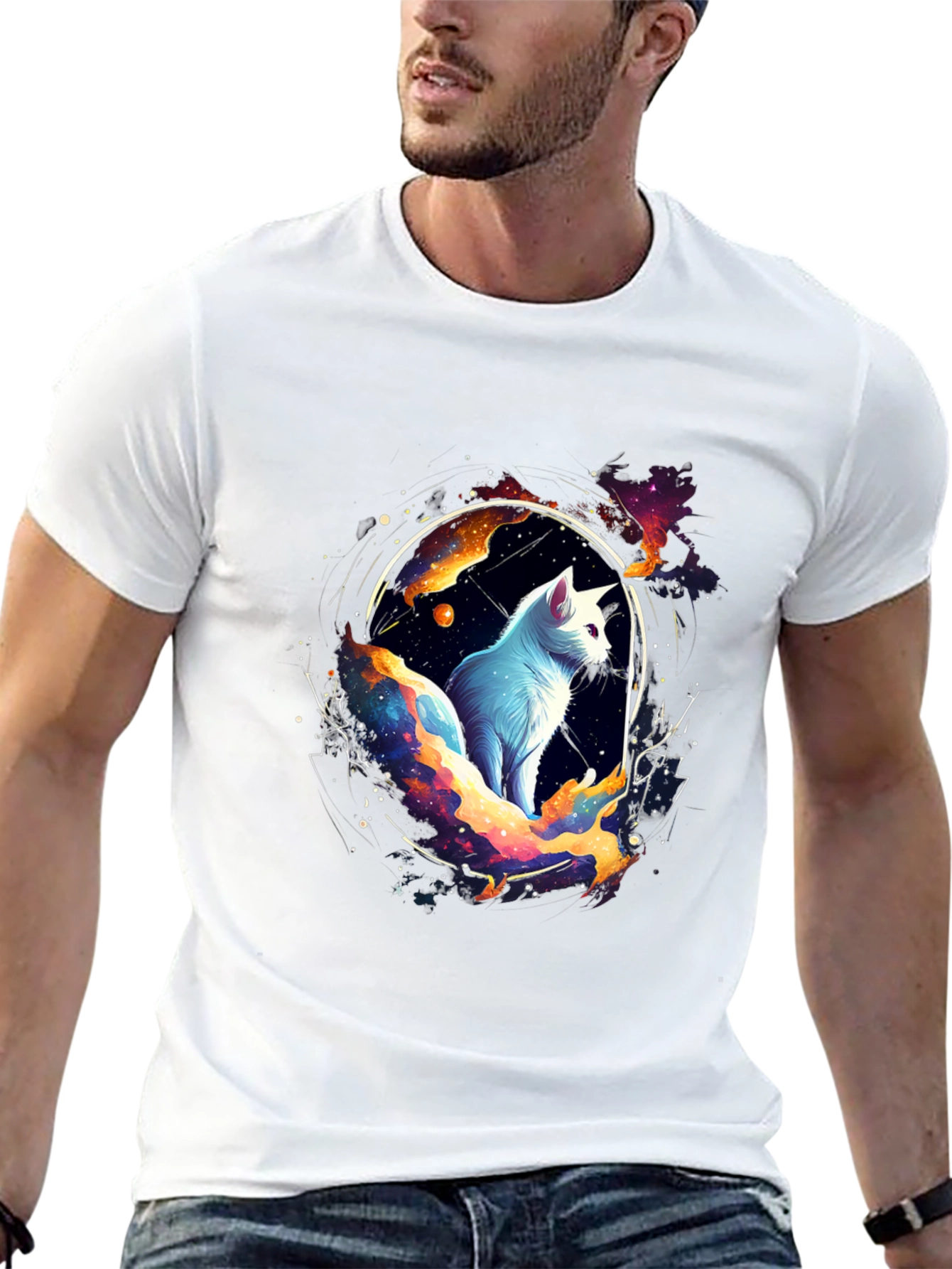 Cosmic Cat Black T-Shirt - Celestial Feline Design