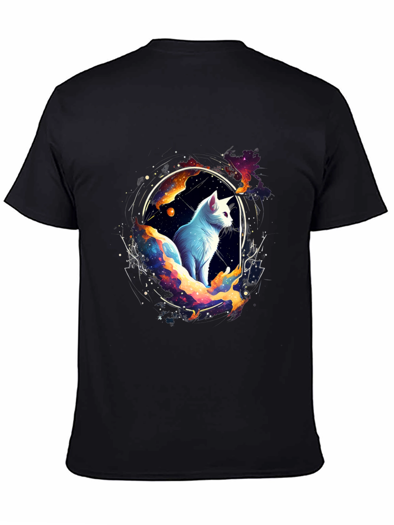 Cosmic Cat Black T-Shirt - Celestial Feline Design
