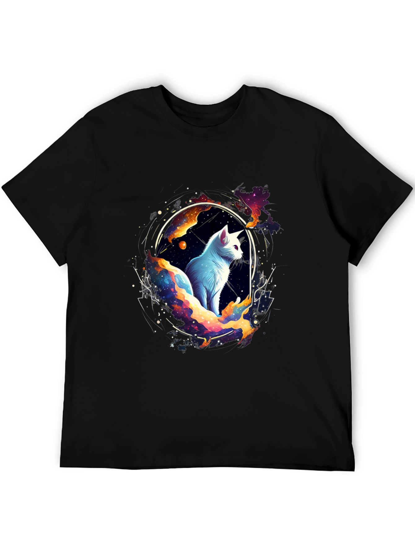 Cosmic Cat Black T-Shirt - Celestial Feline Design
