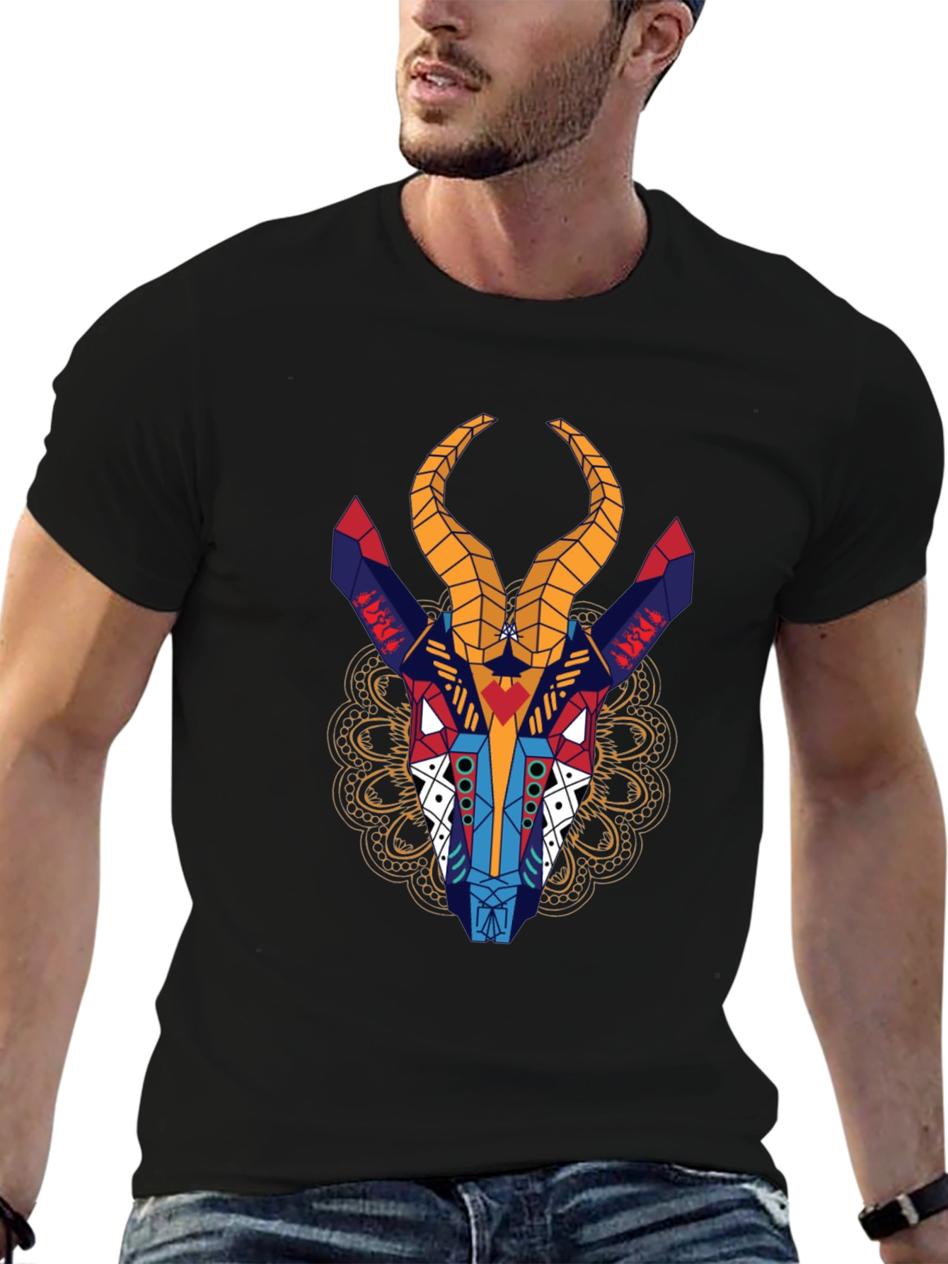 Geometric Gazelle Graphic Tee - Black Cotton Shirt