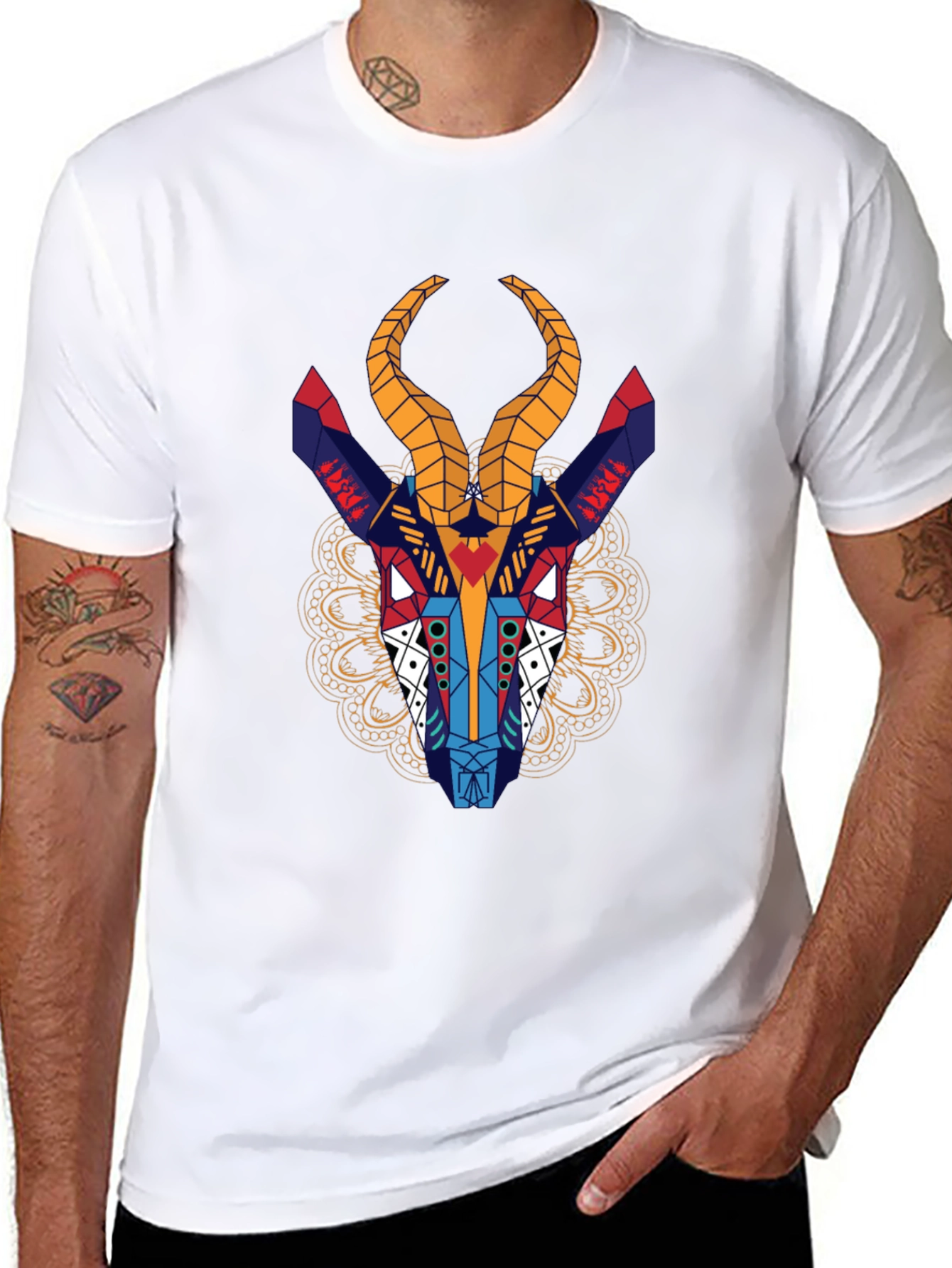 Geometric Gazelle Graphic Tee - Black Cotton Shirt