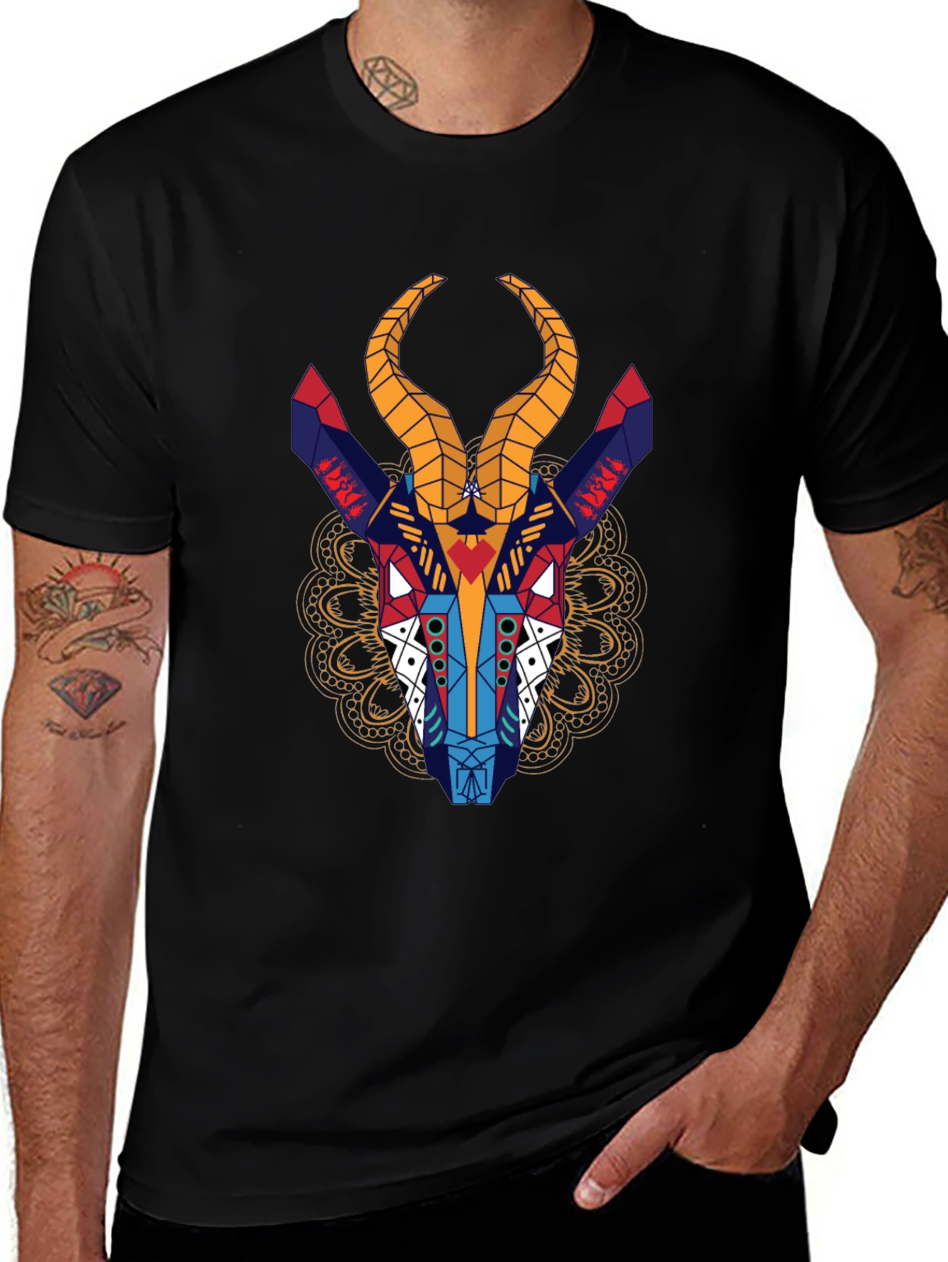 Geometric Gazelle Graphic Tee - Black Cotton Shirt