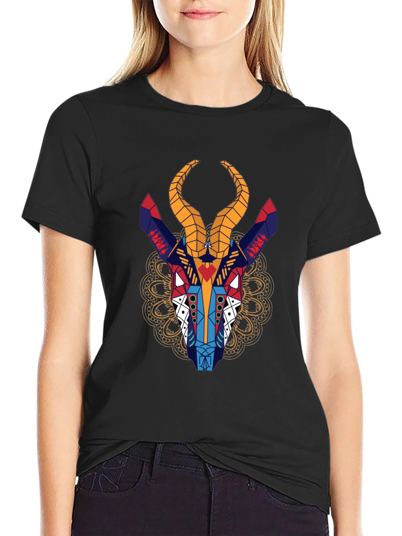 Geometric Gazelle Graphic Tee - Black Cotton Shirt