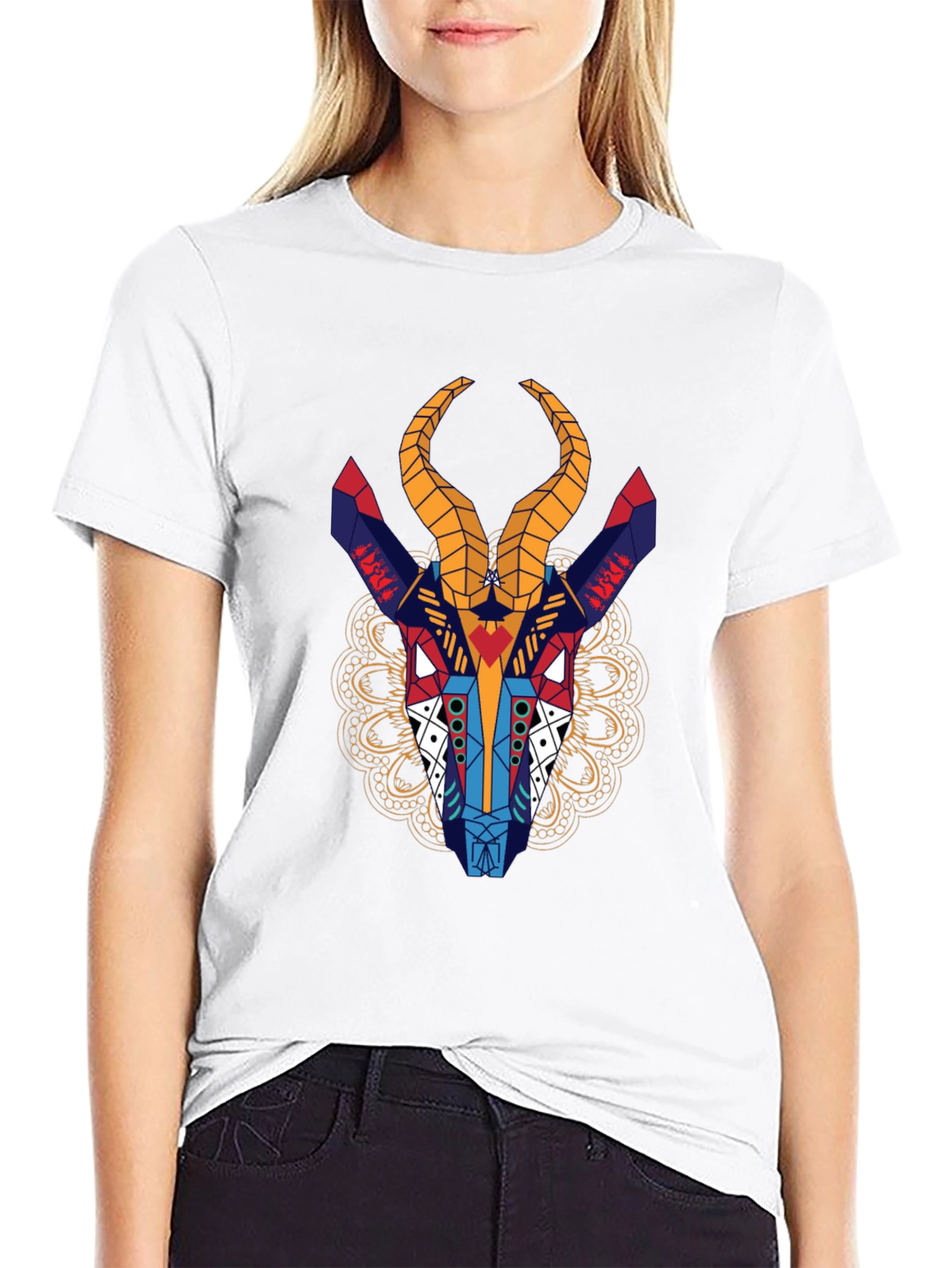 Geometric Gazelle Graphic Tee - Black Cotton Shirt