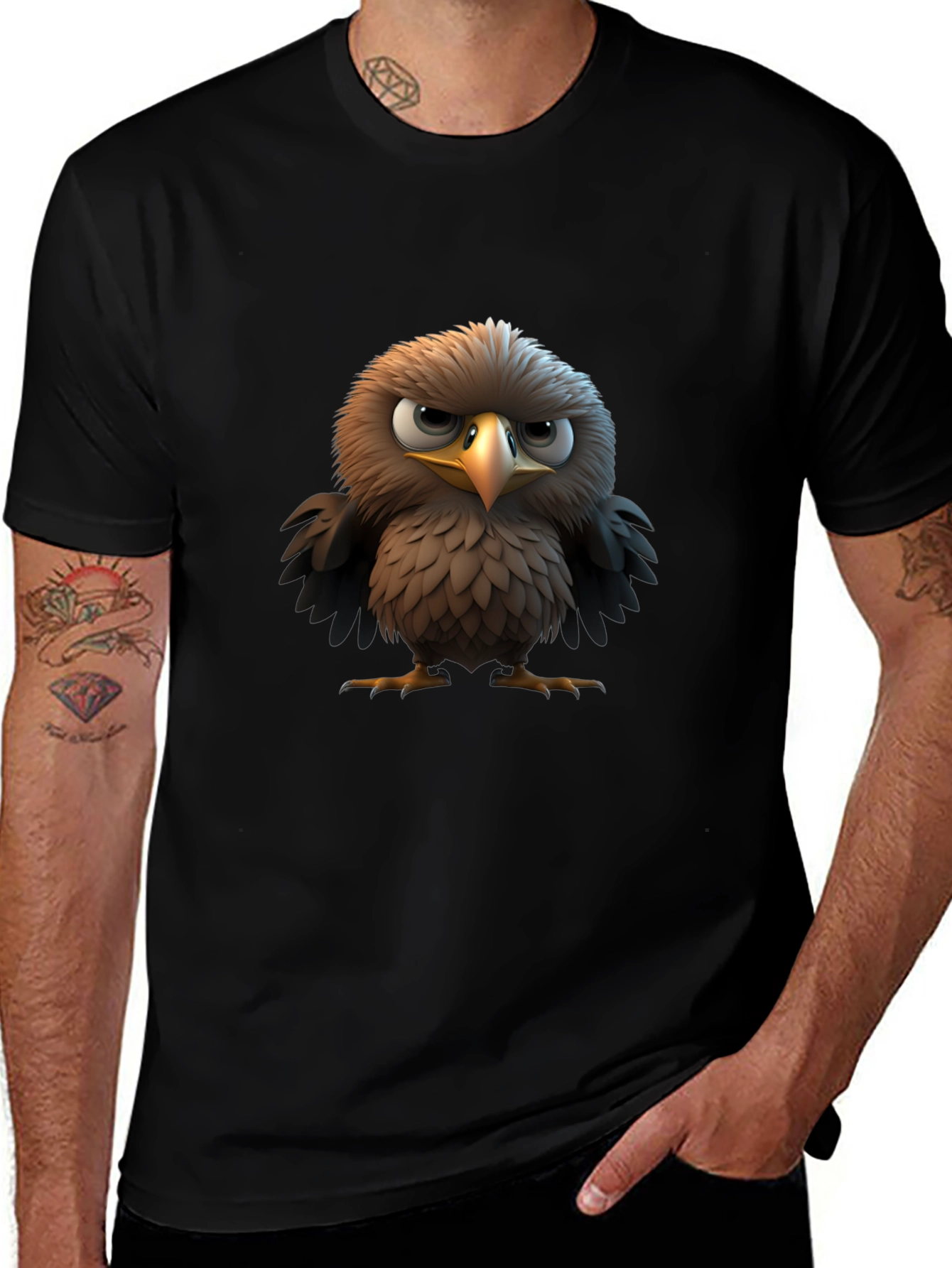 Angry Bird Cartoon Print Black T-Shirt