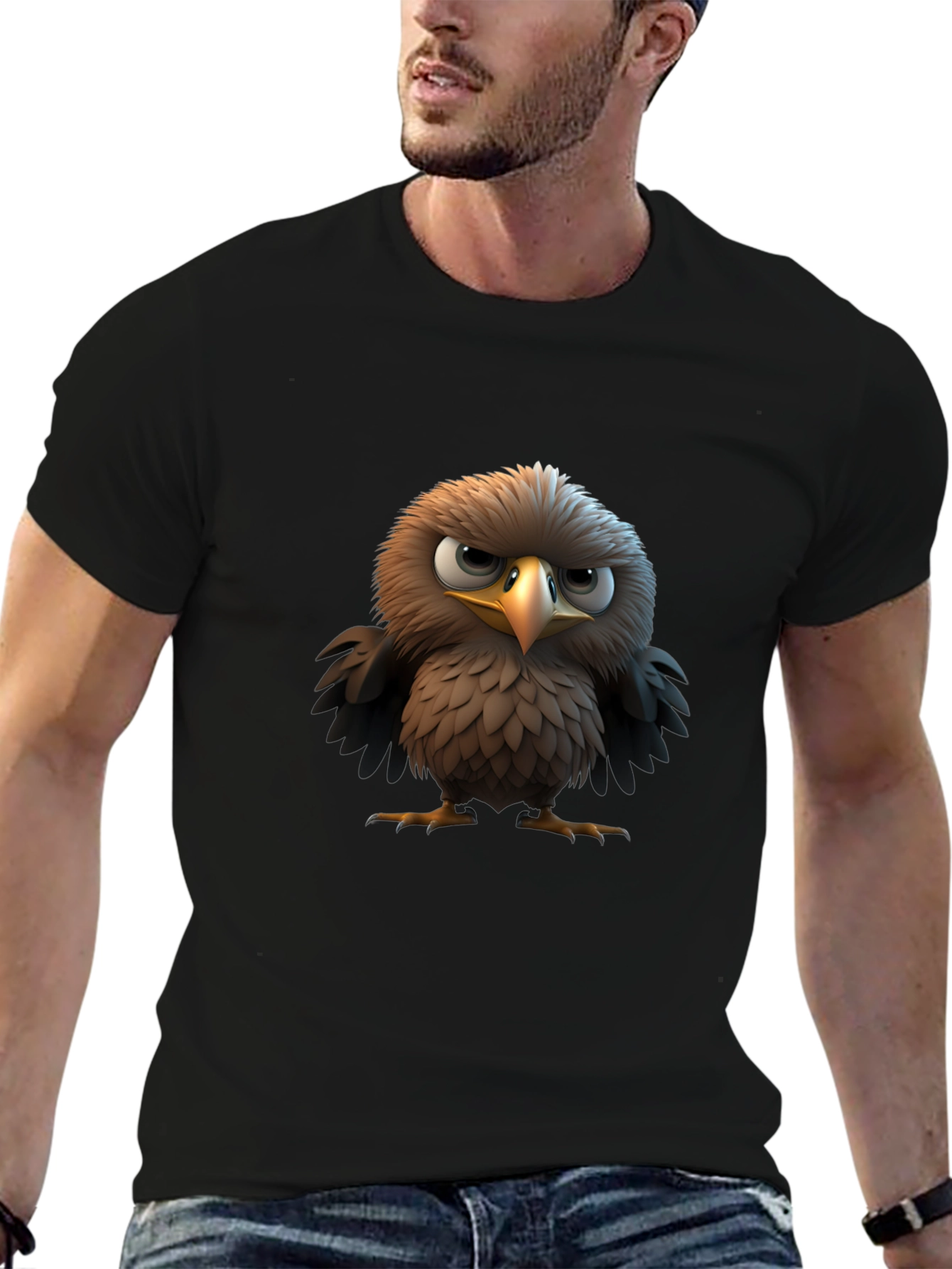 Angry Bird Cartoon Print Black T-Shirt
