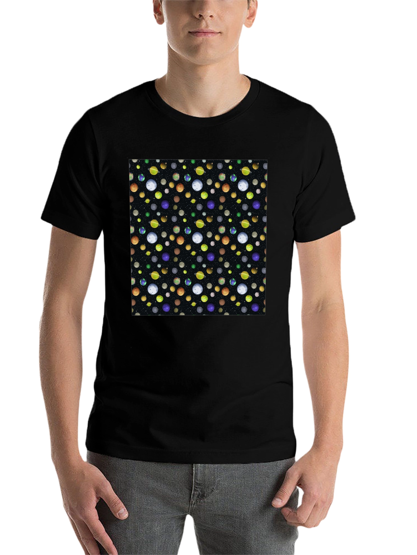 Planets Pattern Black Cotton T-Shirt