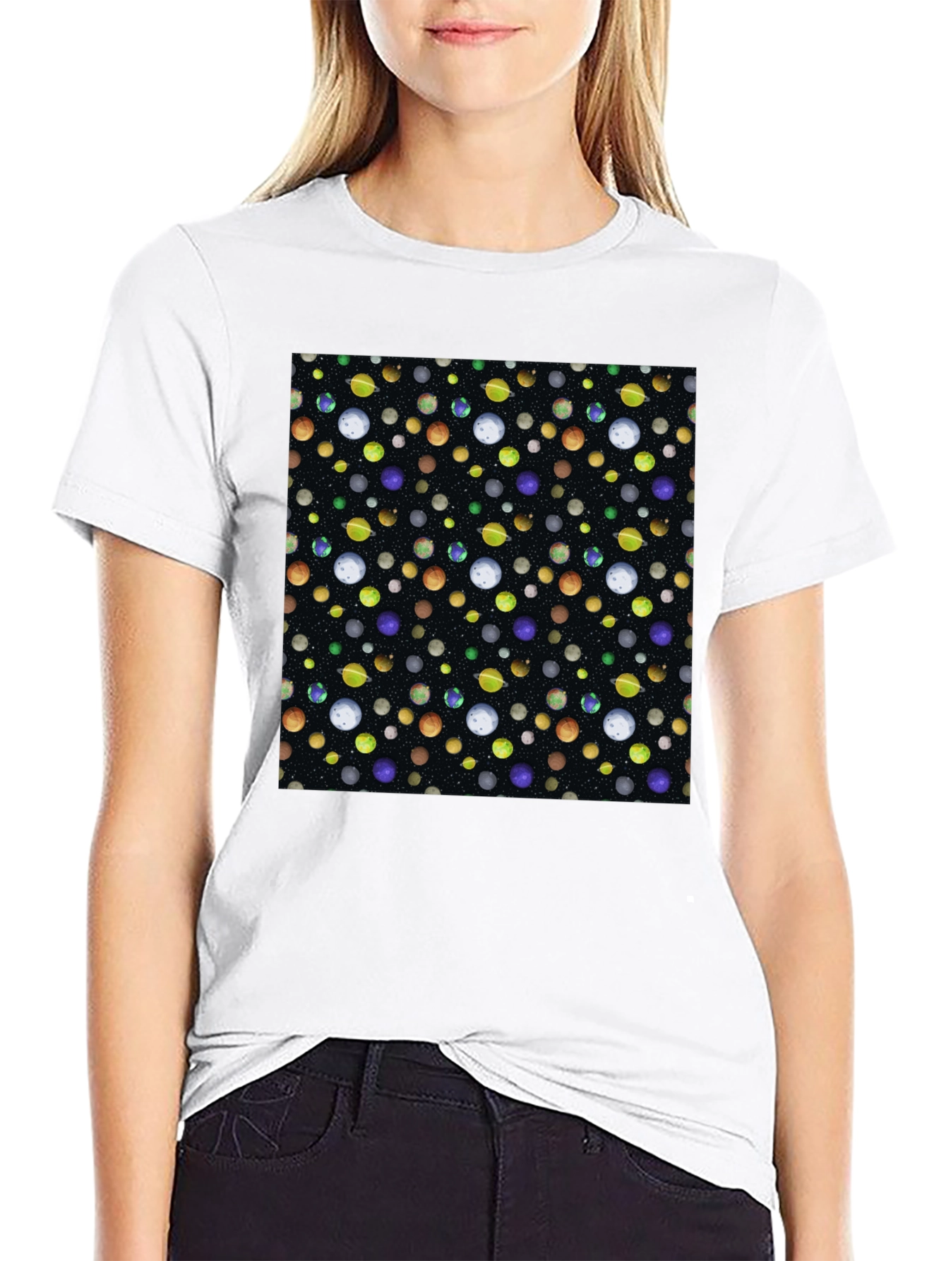 Planets Pattern Black Cotton T-Shirt