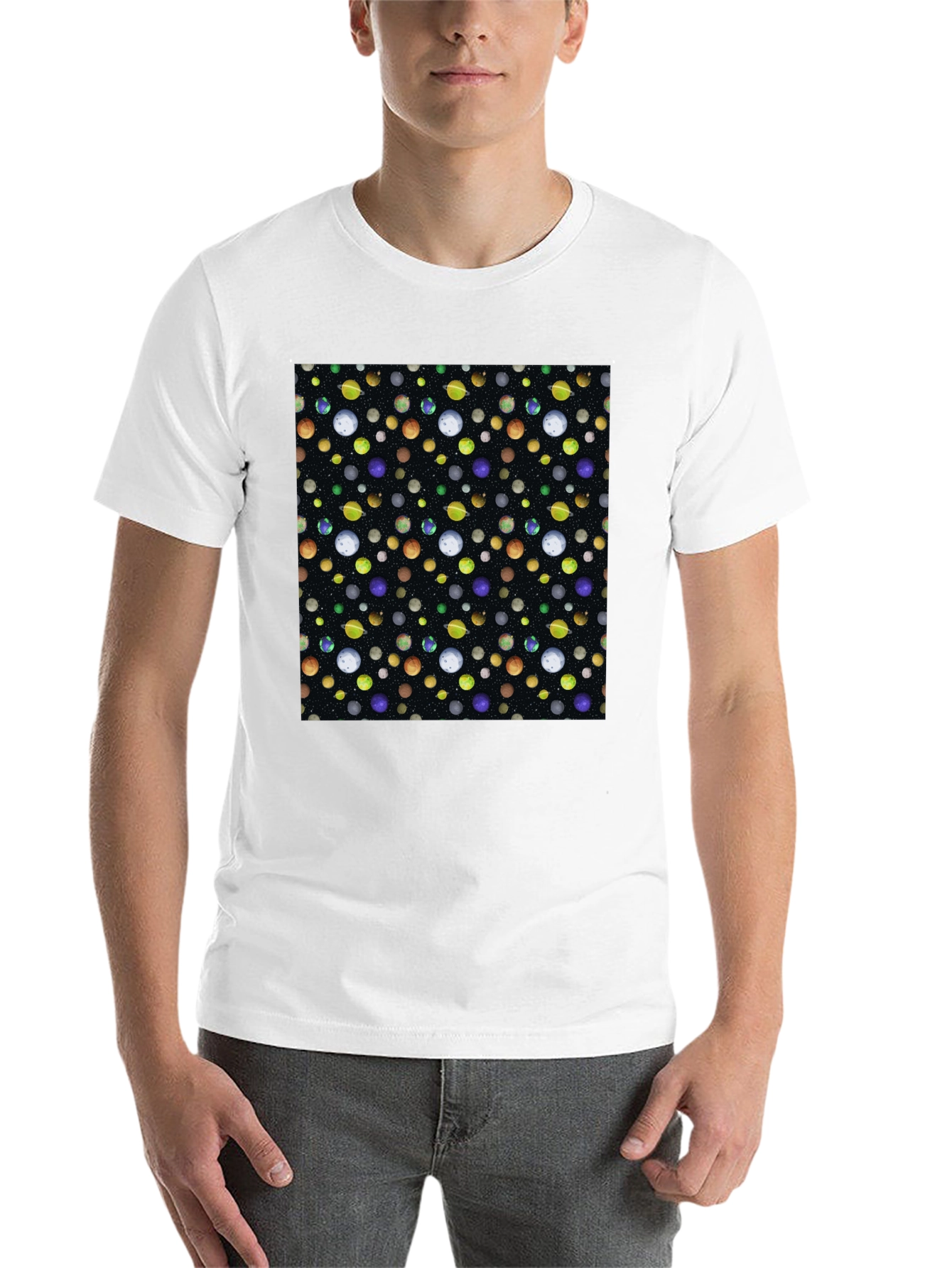 Planets Pattern Black Cotton T-Shirt