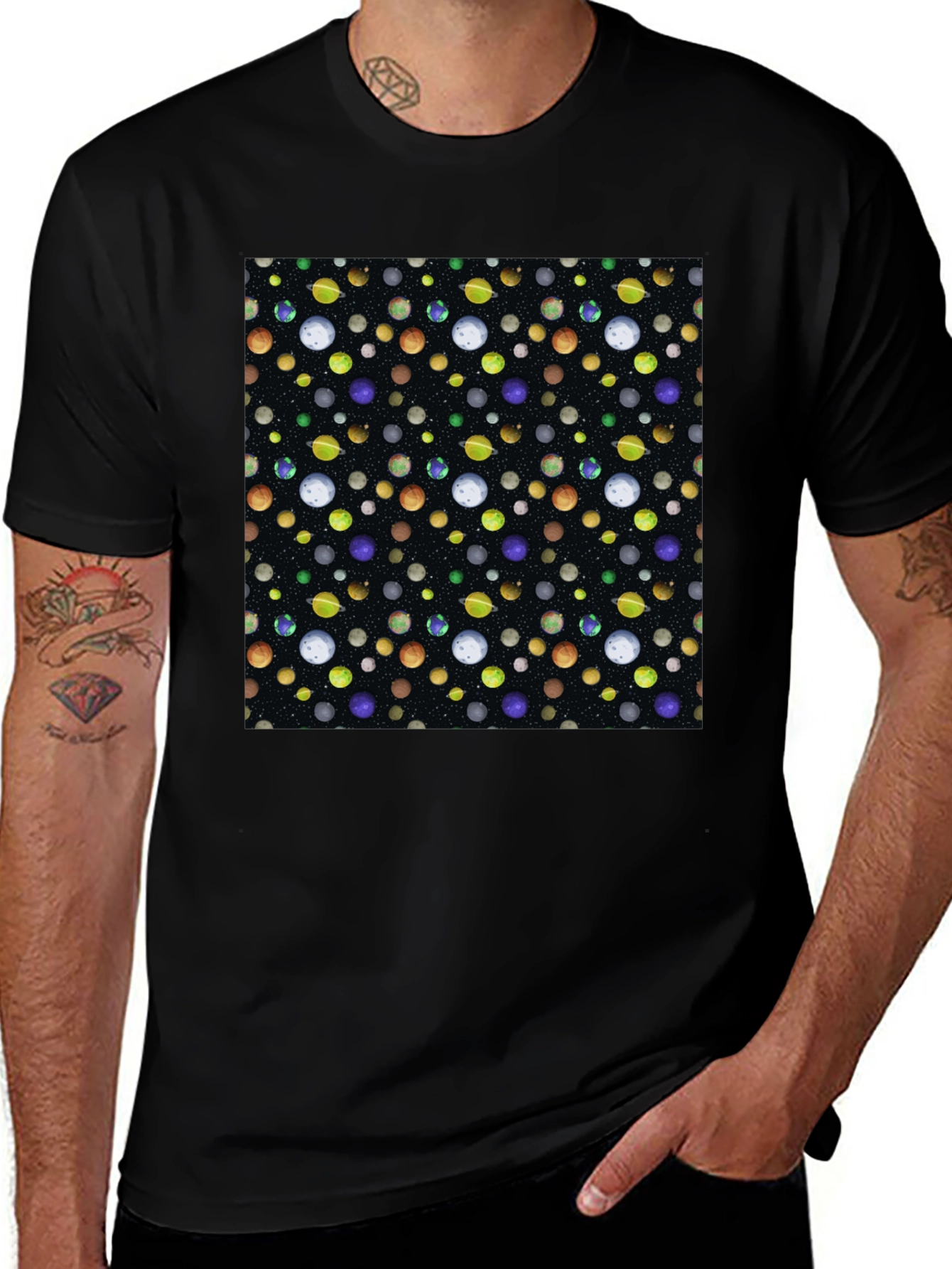 Planets Pattern Black Cotton T-Shirt