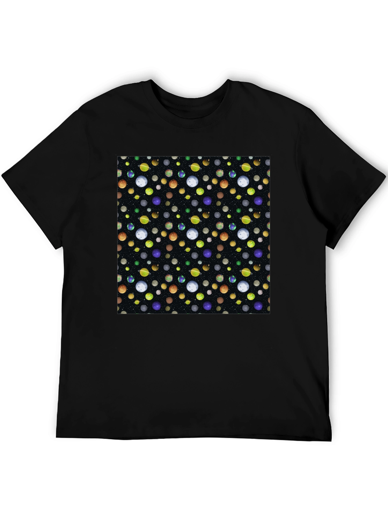 Planets Pattern Black Cotton T-Shirt
