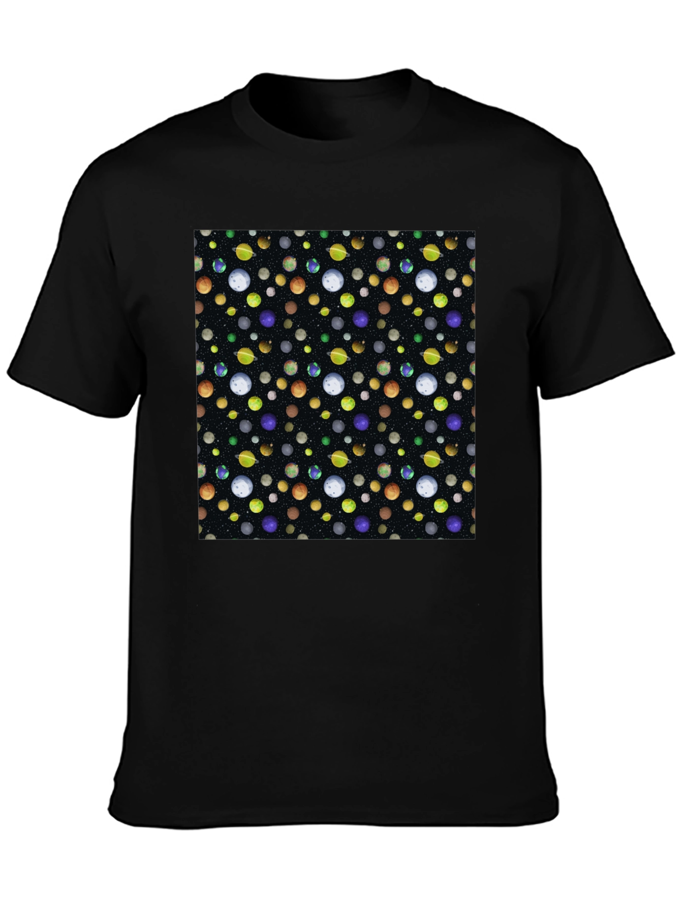 Planets Pattern Black Cotton T-Shirt
