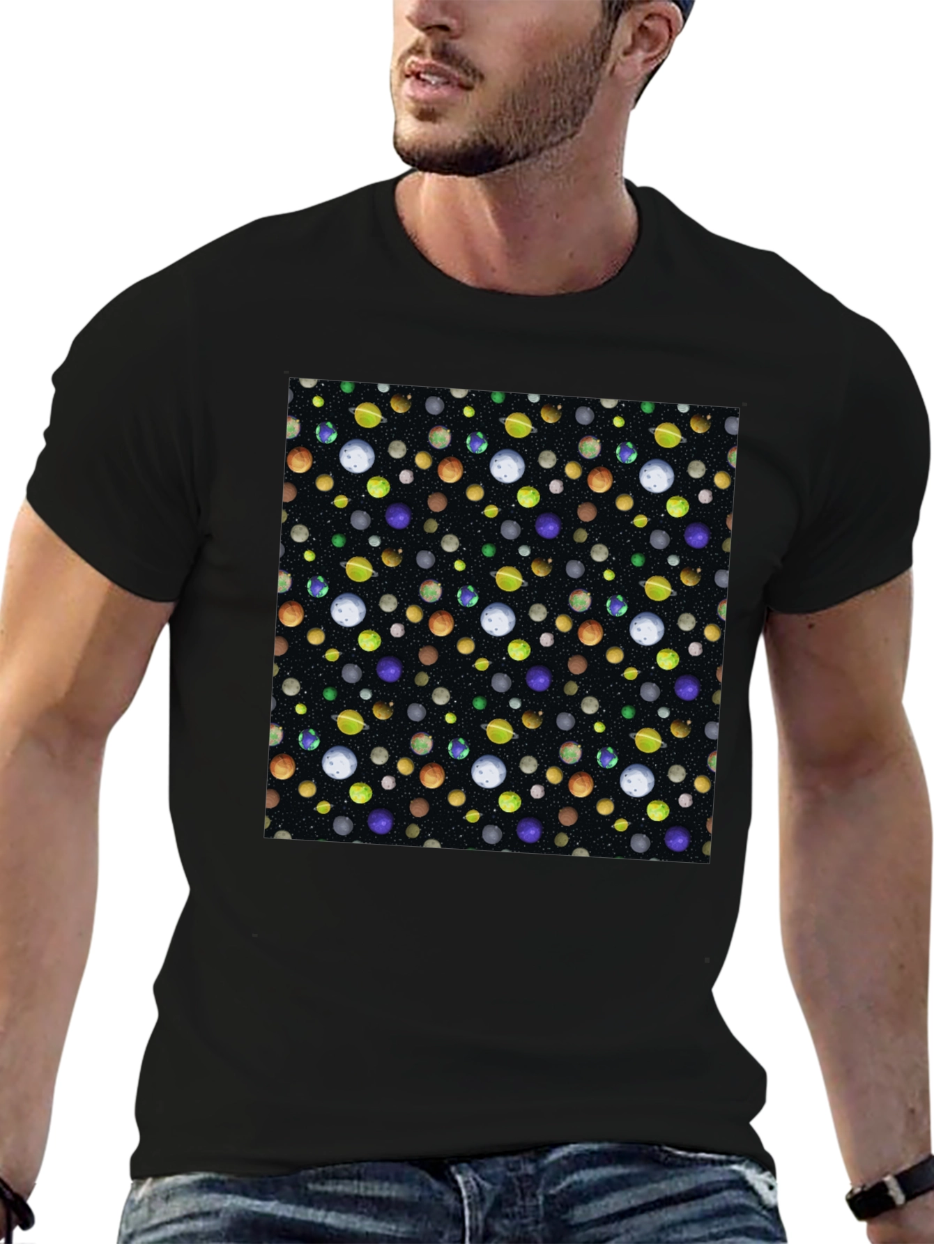 Planets Pattern Black Cotton T-Shirt