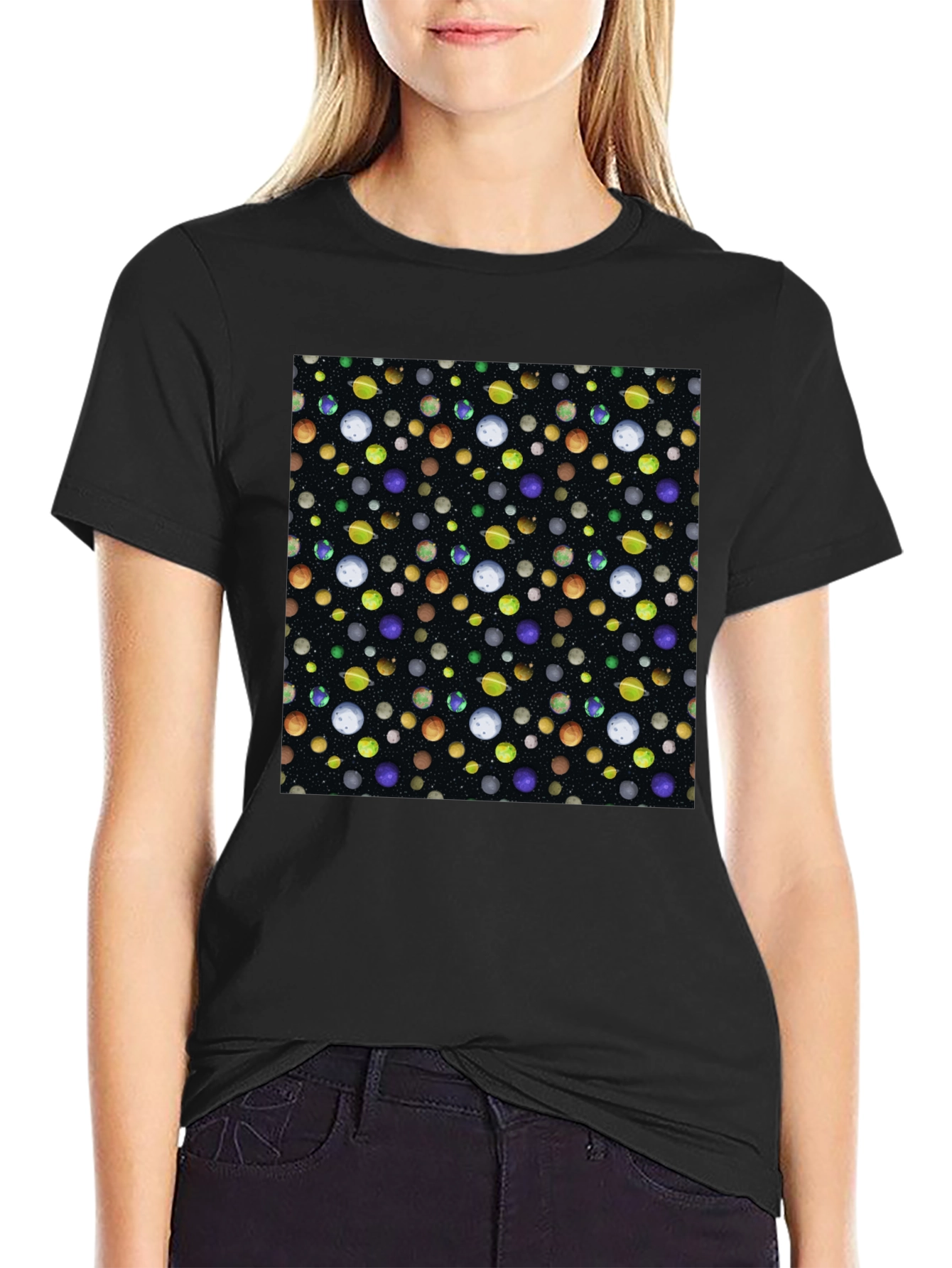 Planets Pattern Black Cotton T-Shirt