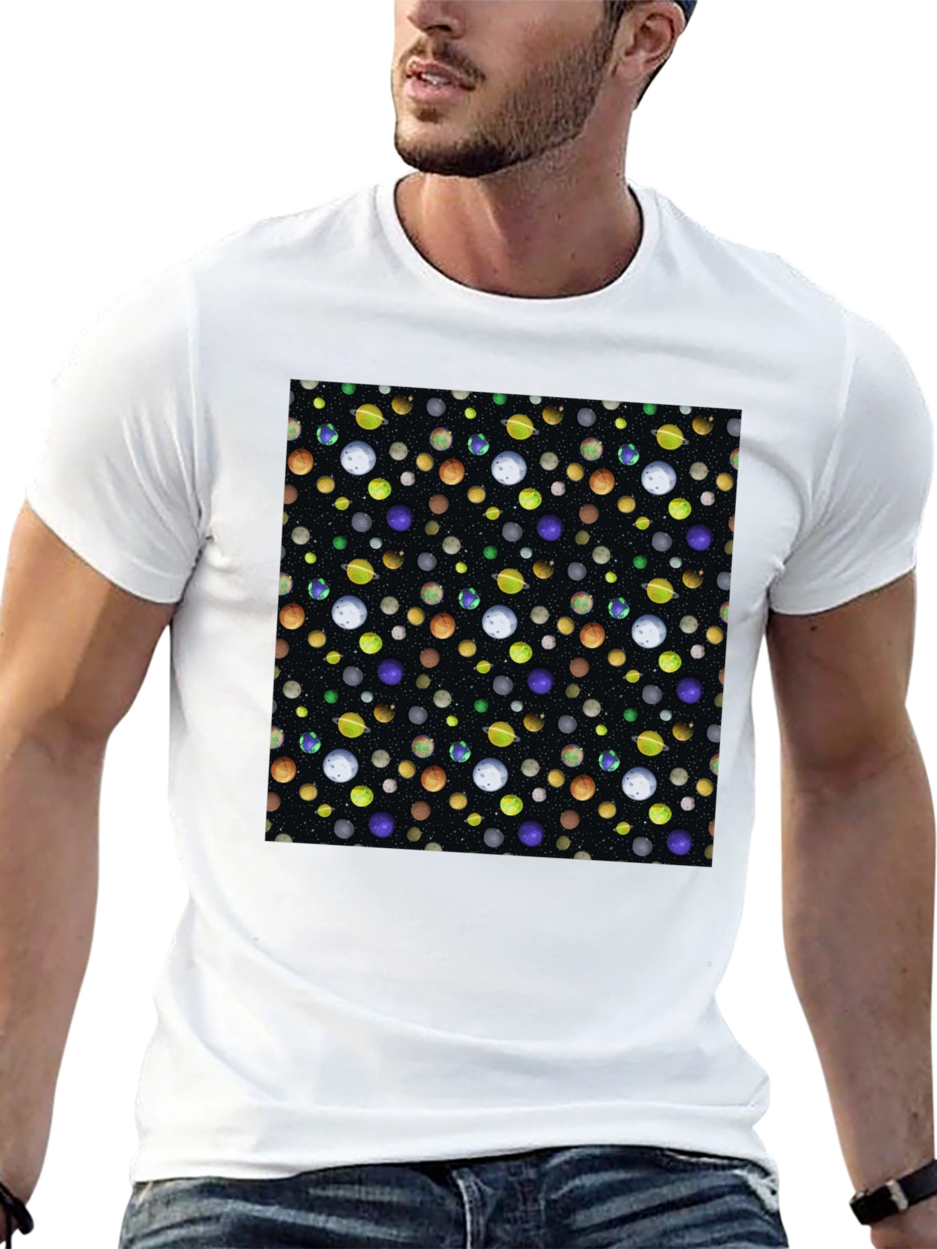 Planets Pattern Black Cotton T-Shirt