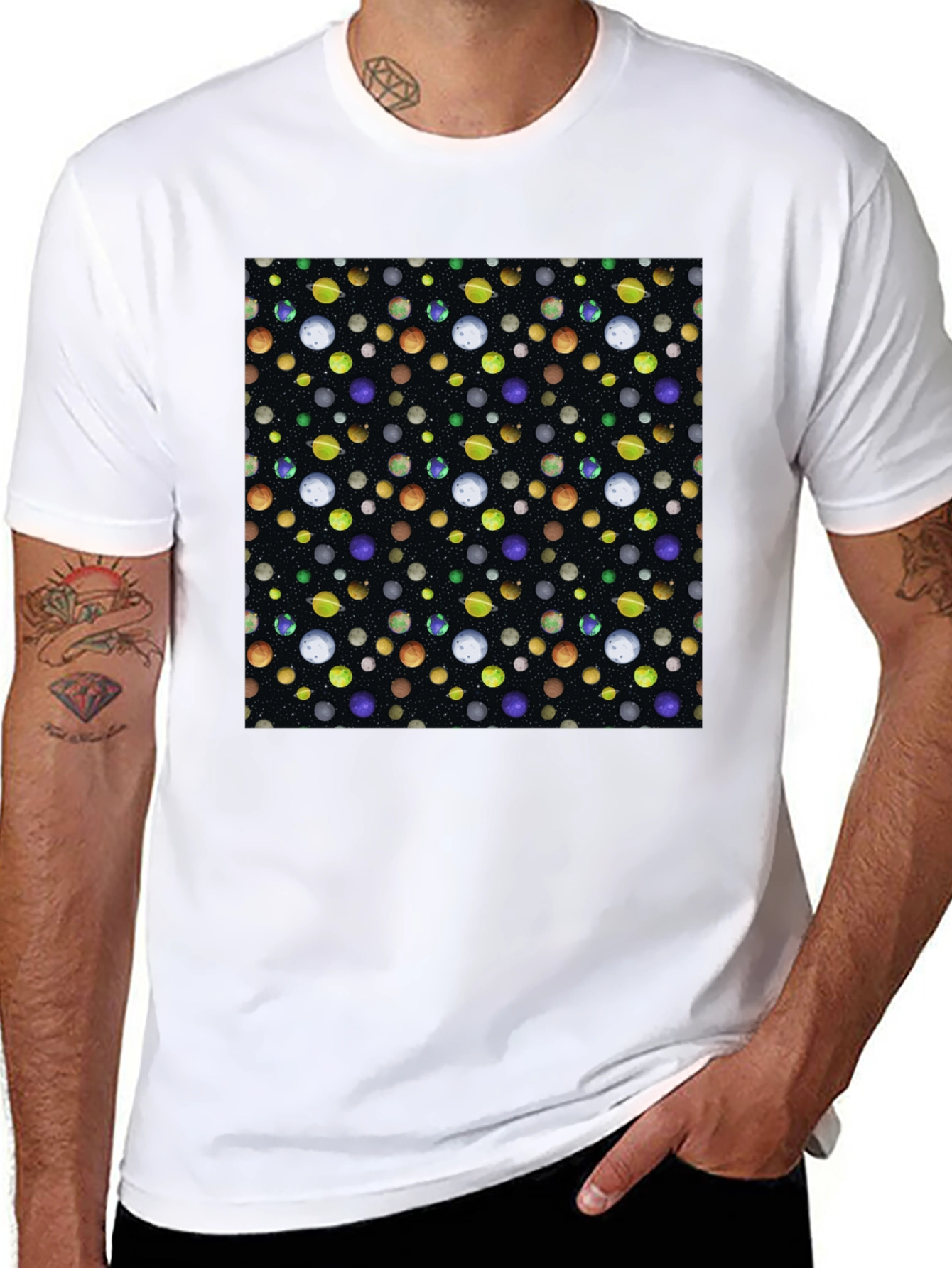 Planets Pattern Black Cotton T-Shirt
