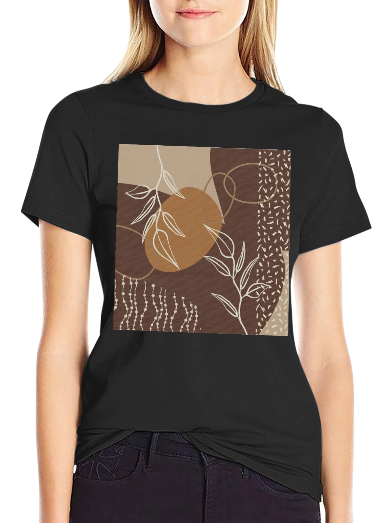 Abstract Leaf Print Black T-Shirt