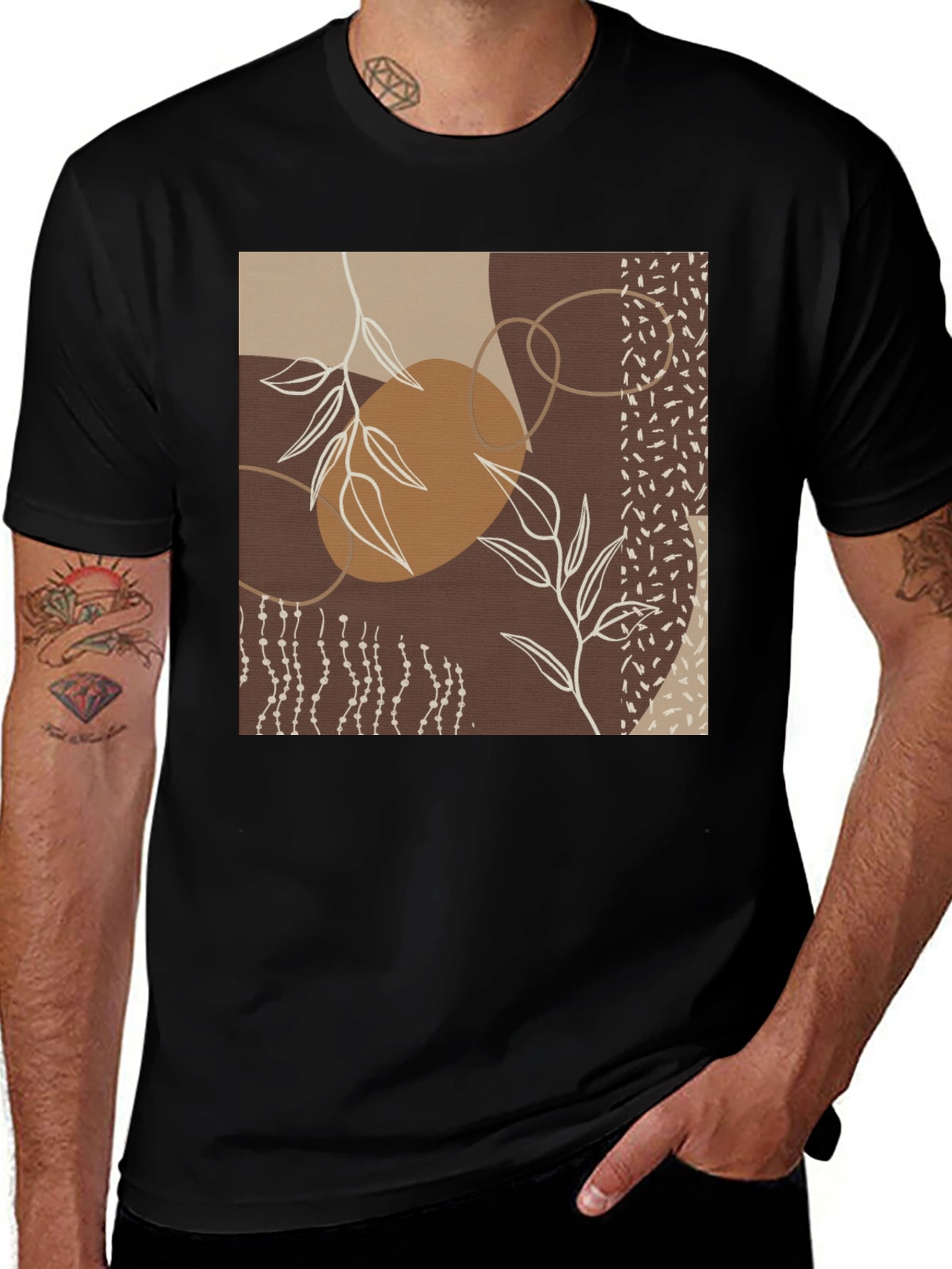 Abstract Leaf Print Black T-Shirt