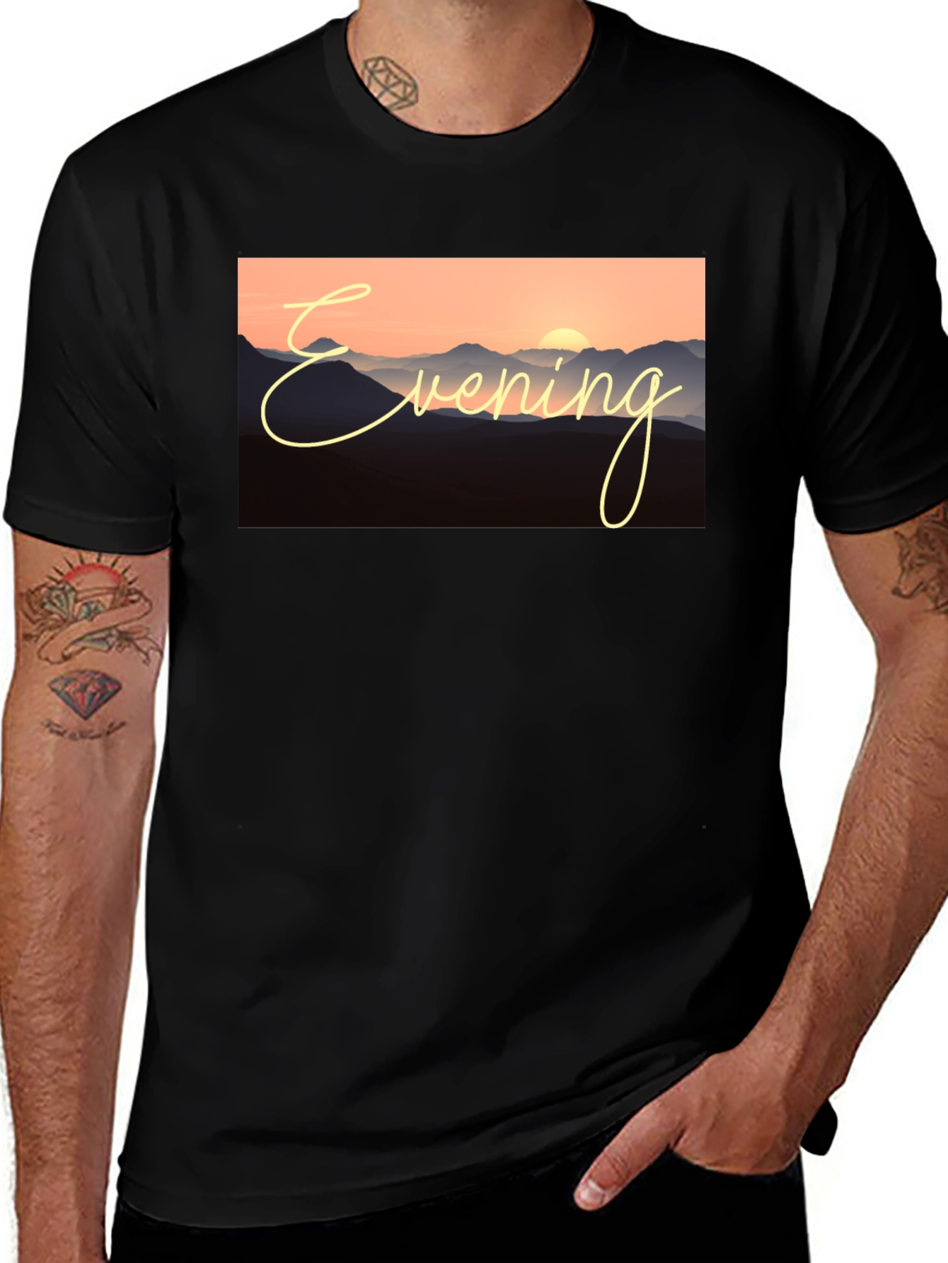 Evening Mountain Sunset Black T-Shirt