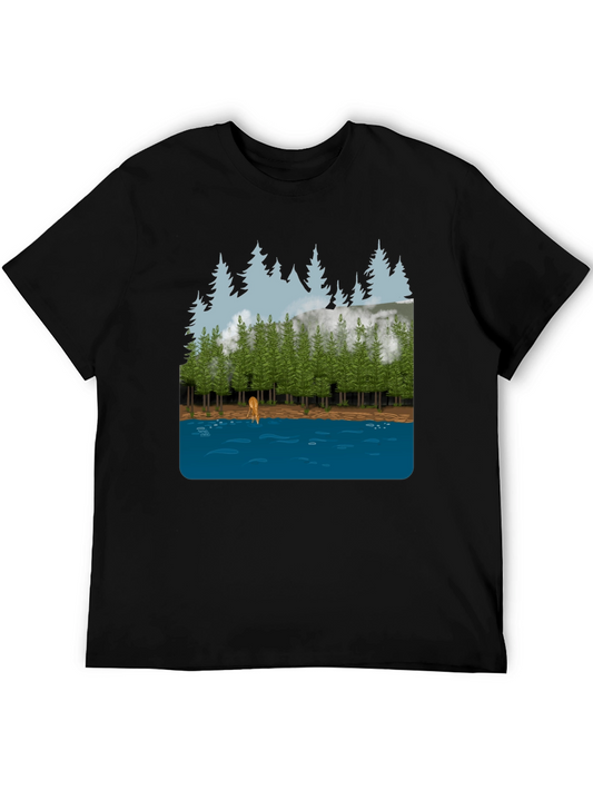 Nature Scene Graphic Tee: Forest Deer & Lake Design