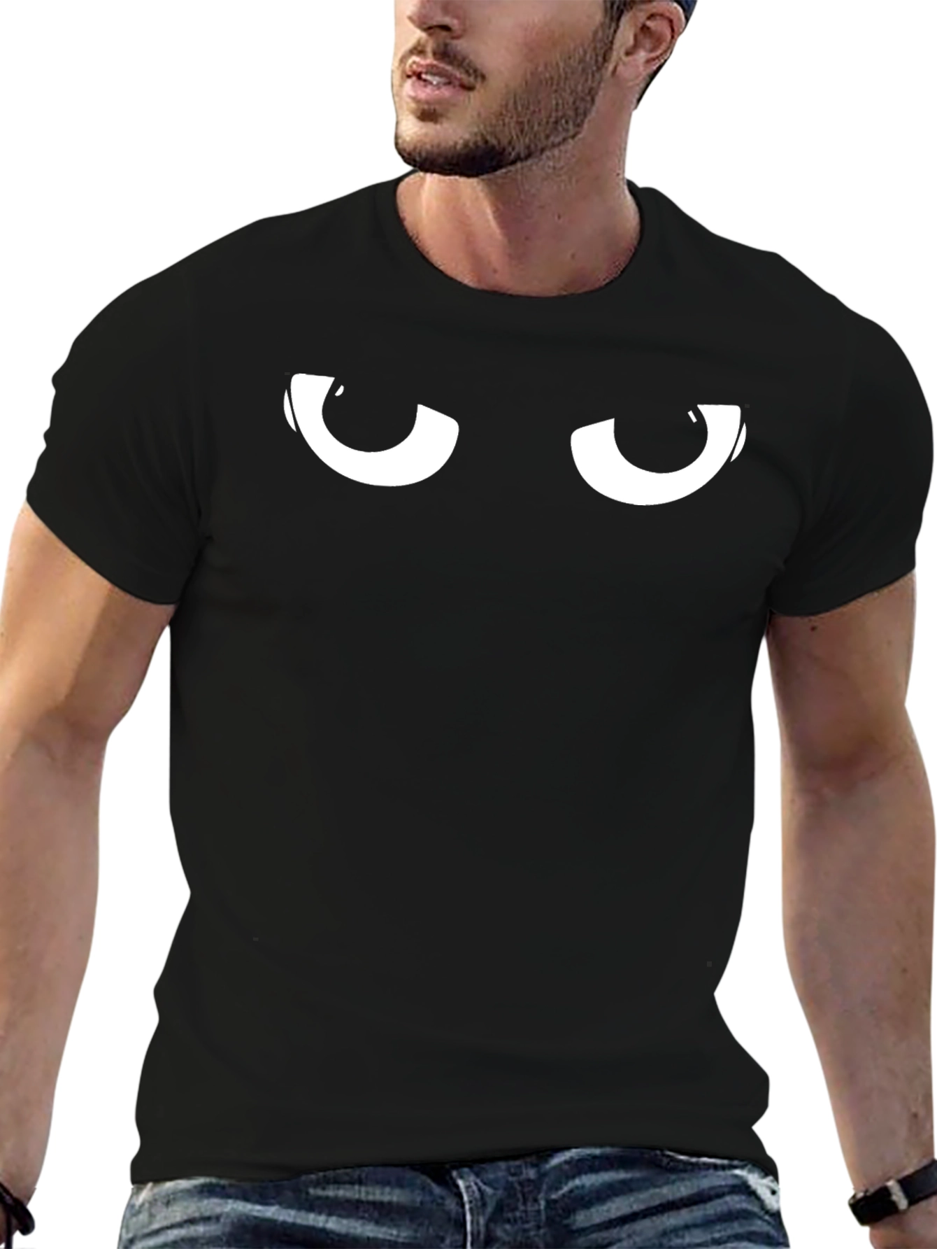 Mens Black T-Shirt with Cartoon Eyes Graphic