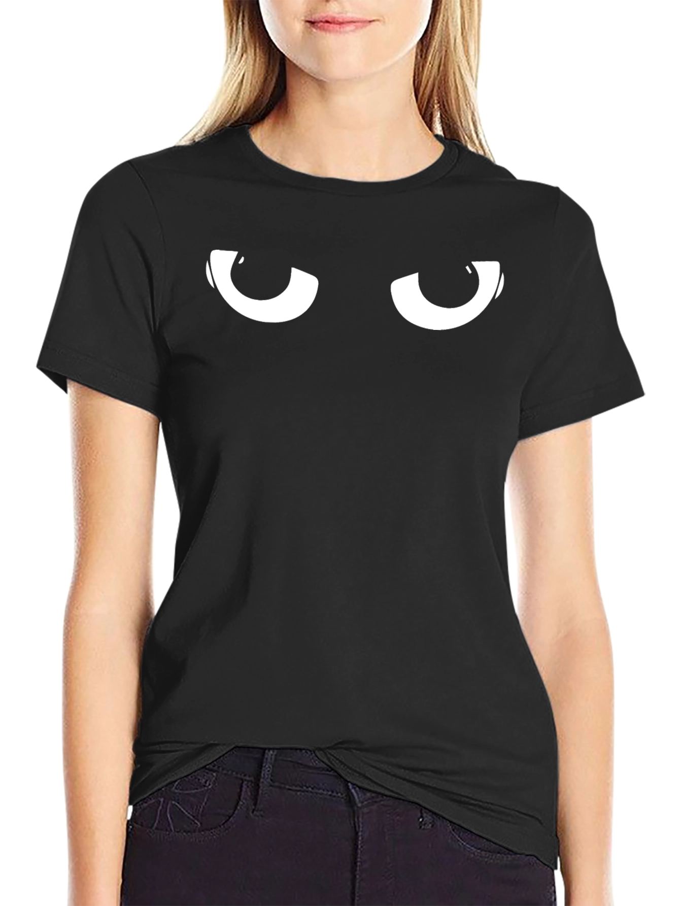 Mens Black T-Shirt with Cartoon Eyes Graphic