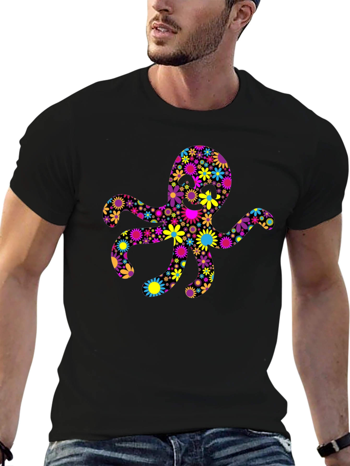 Floral Octopus Graphic Tee - Black