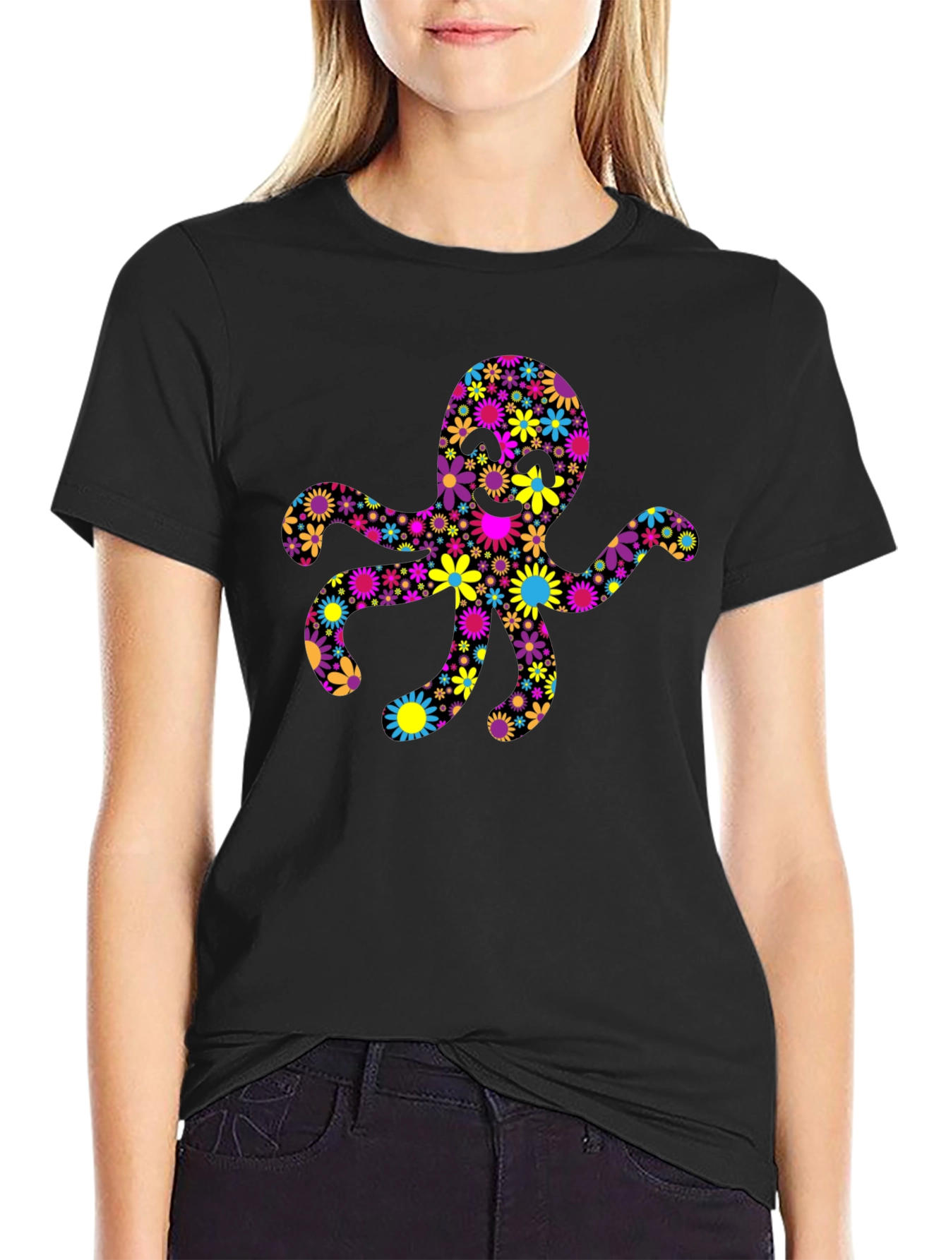 Floral Octopus Graphic Tee - Black