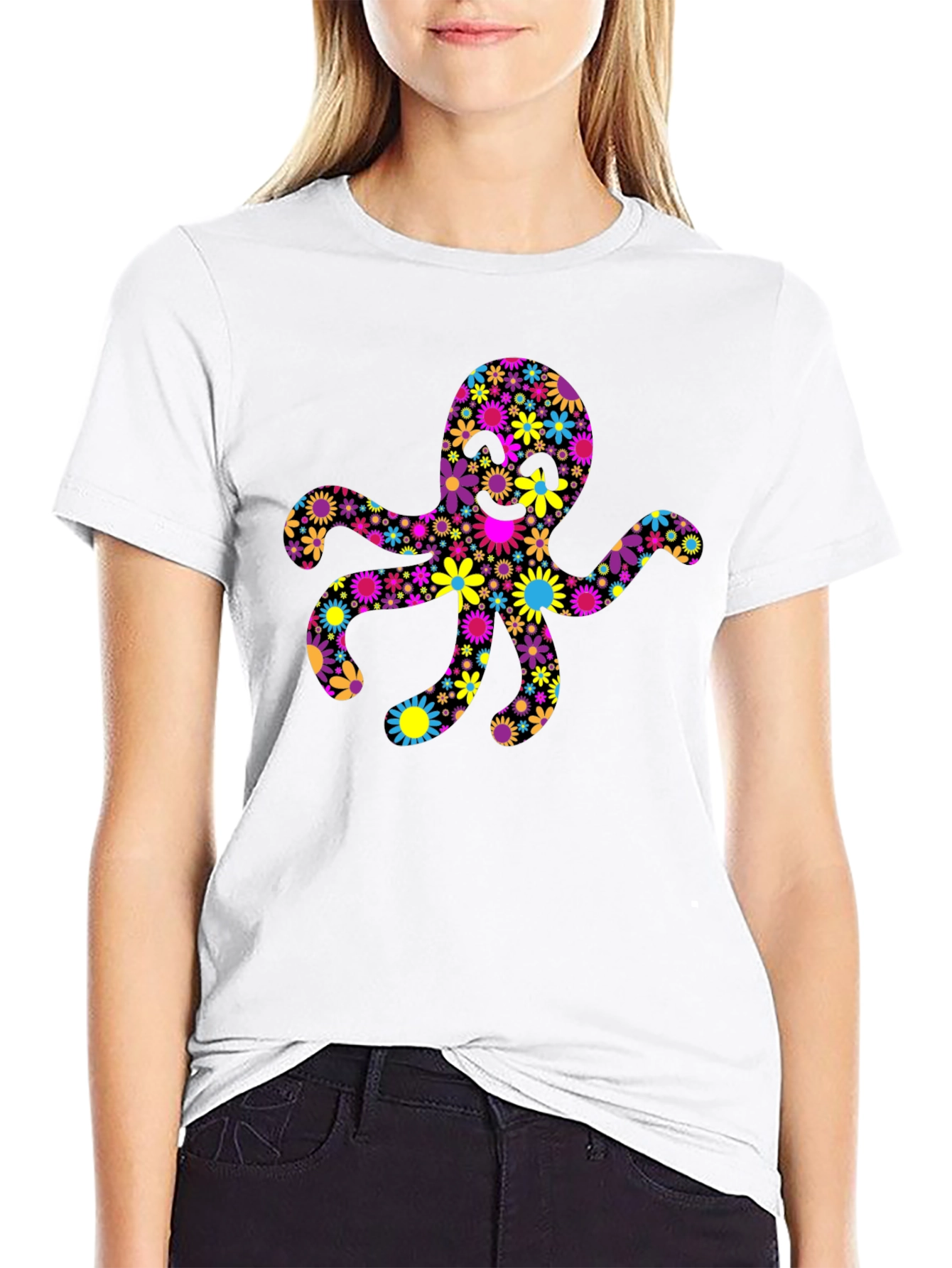 Floral Octopus Graphic Tee - Black