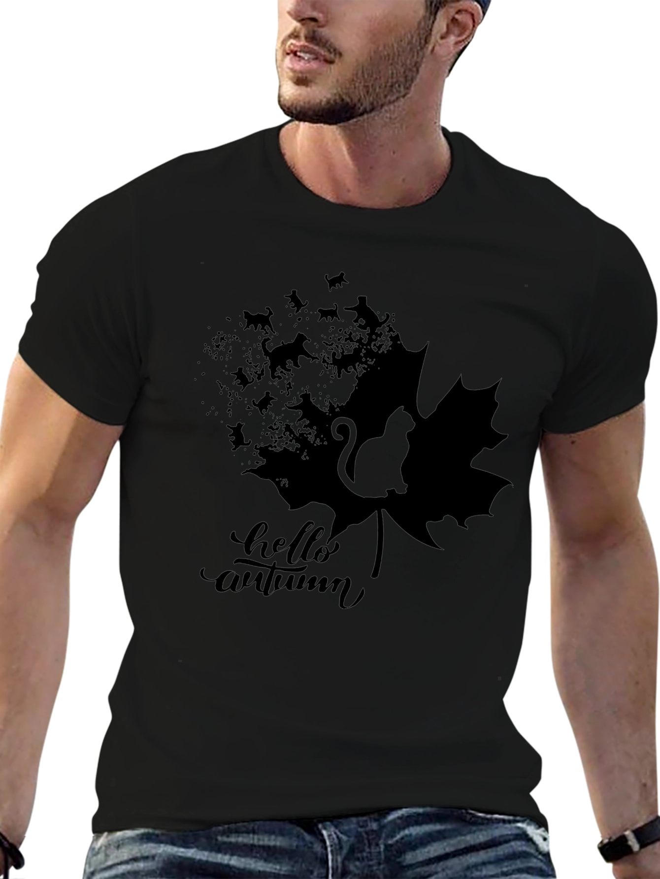 Hello Autumn Black Cat Graphic T-Shirt