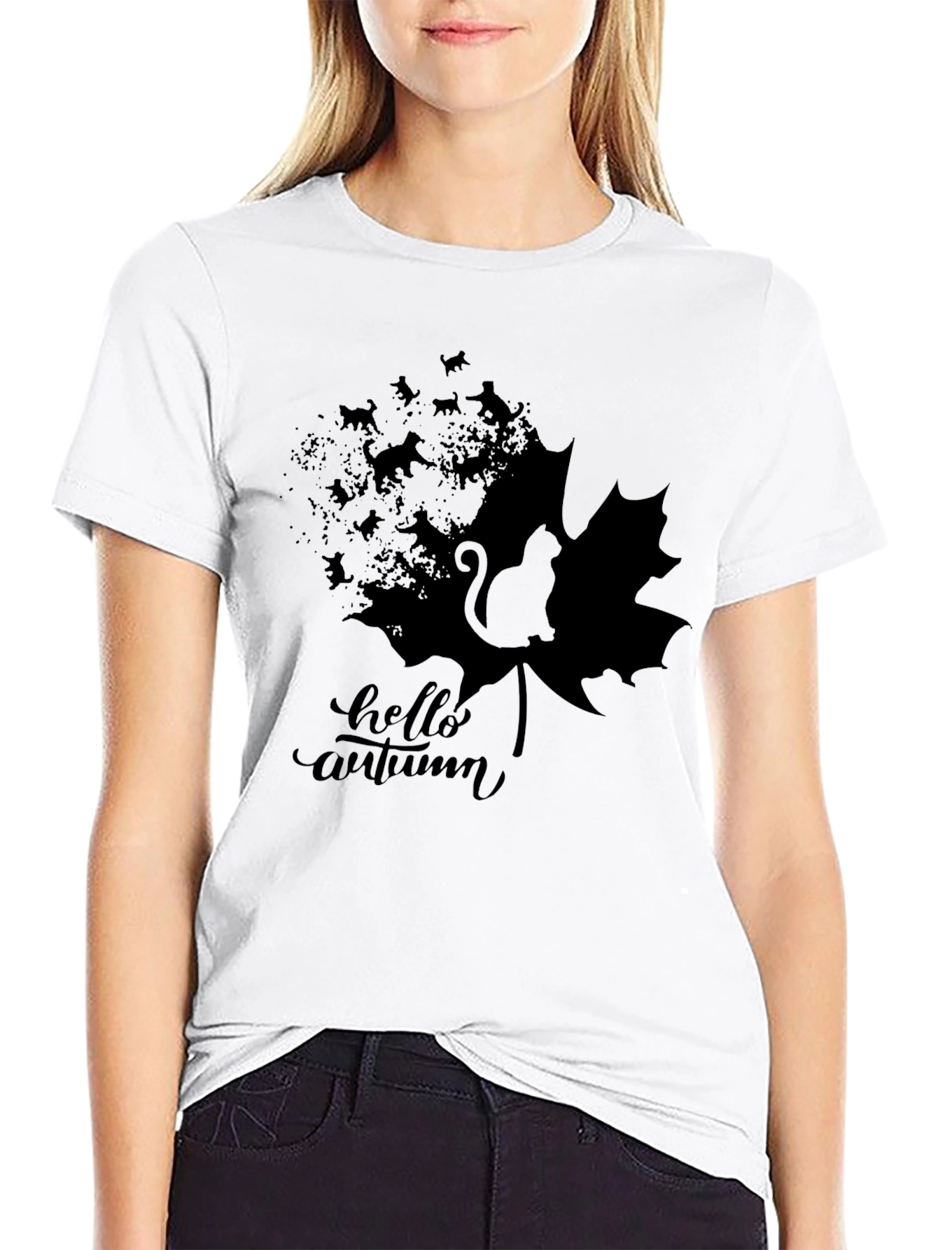 Hello Autumn Black Cat Graphic T-Shirt