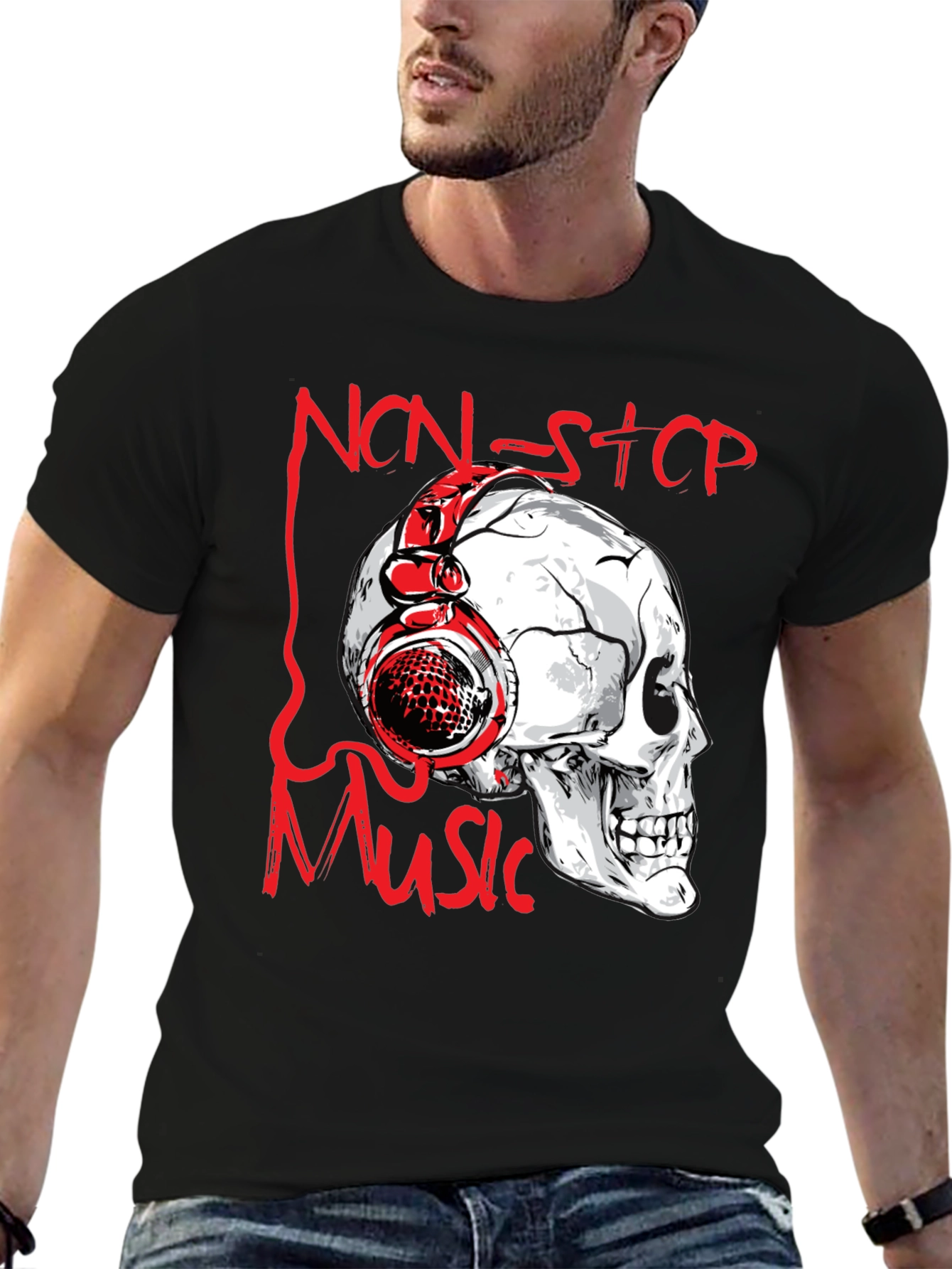 Skull with Headphones Graphic Tee - Non-Stop Music