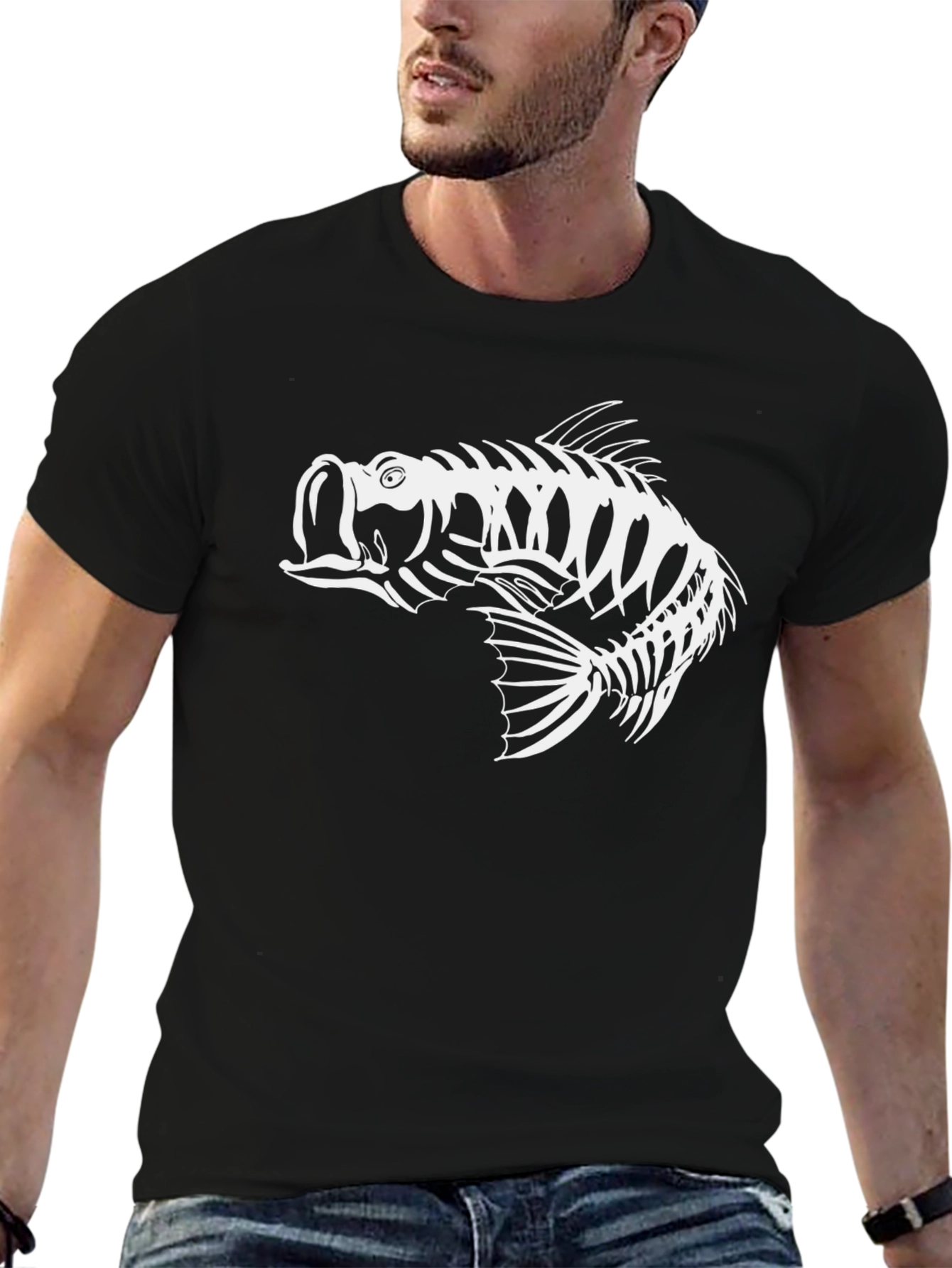 Skeleton Fish Graphic Tee - Black Cotton T-Shirt