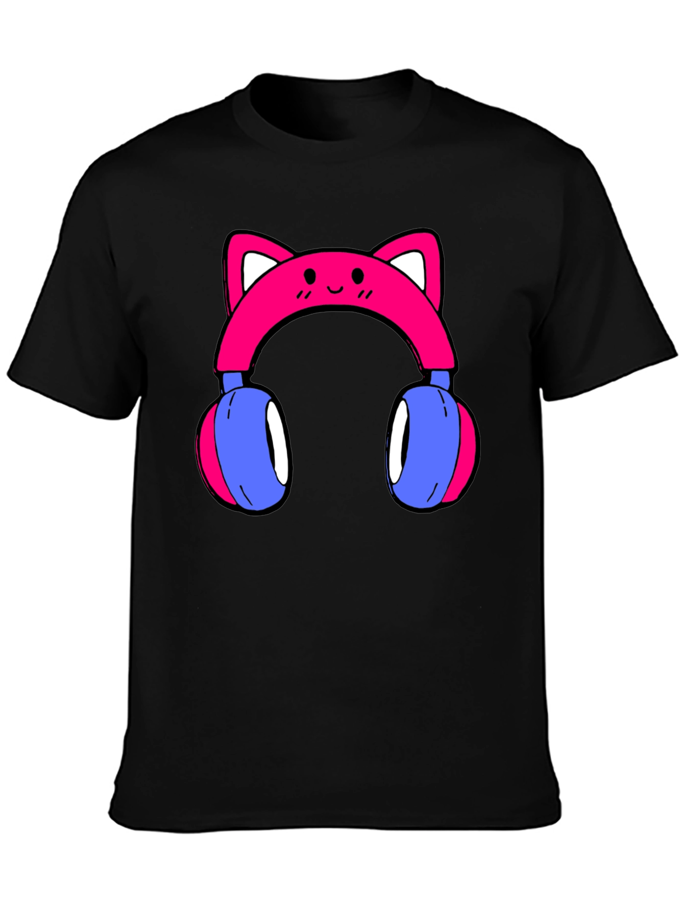 Cute Cat Ear Headphones Graphic Tee - Black