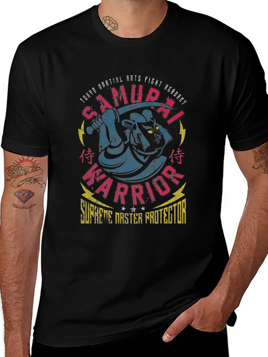 Samurai Warrior Graphic Tee - Mens Black Cotton T-Shirt