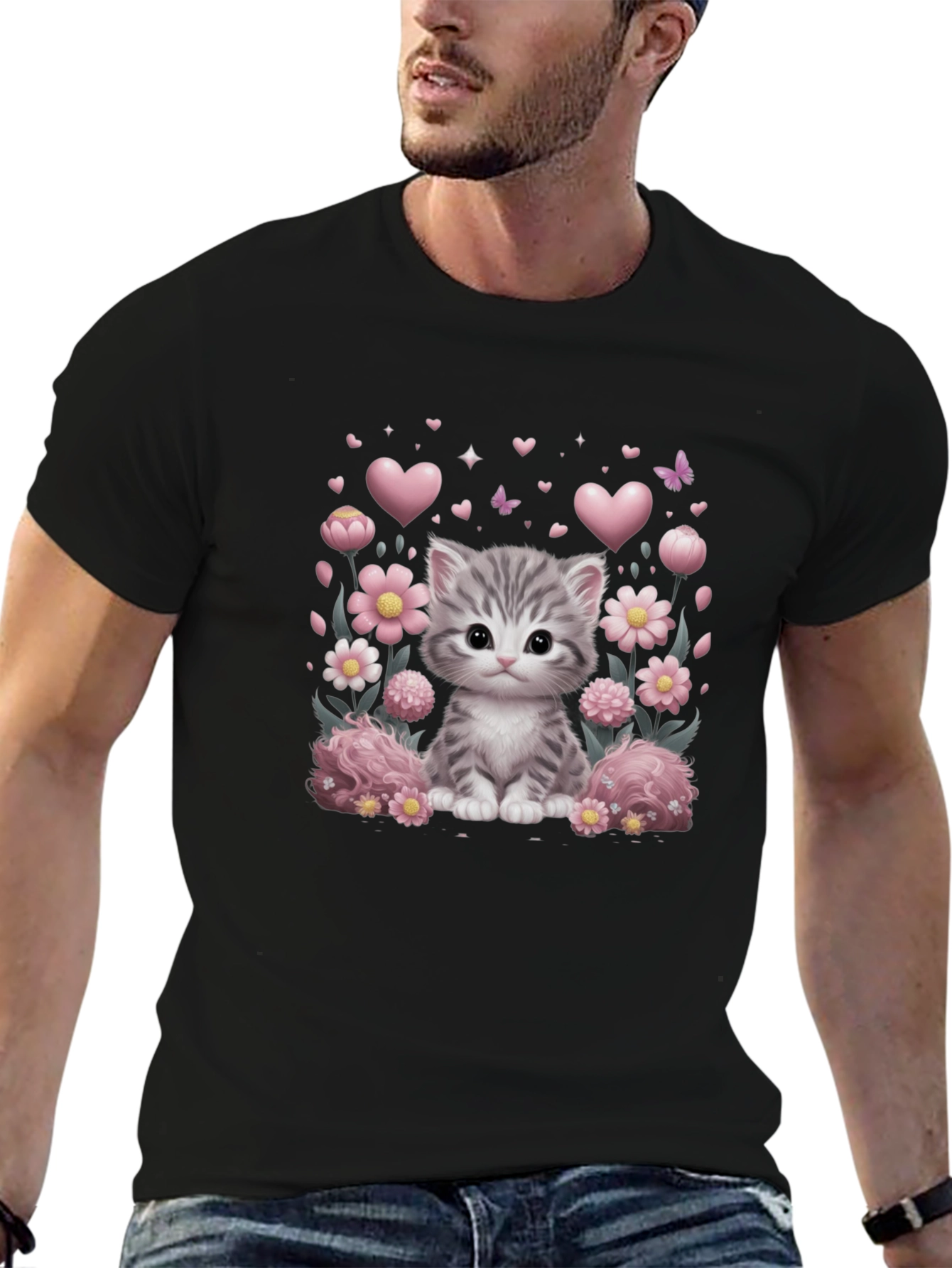 Cute Kitten Floral Heart T-Shirt