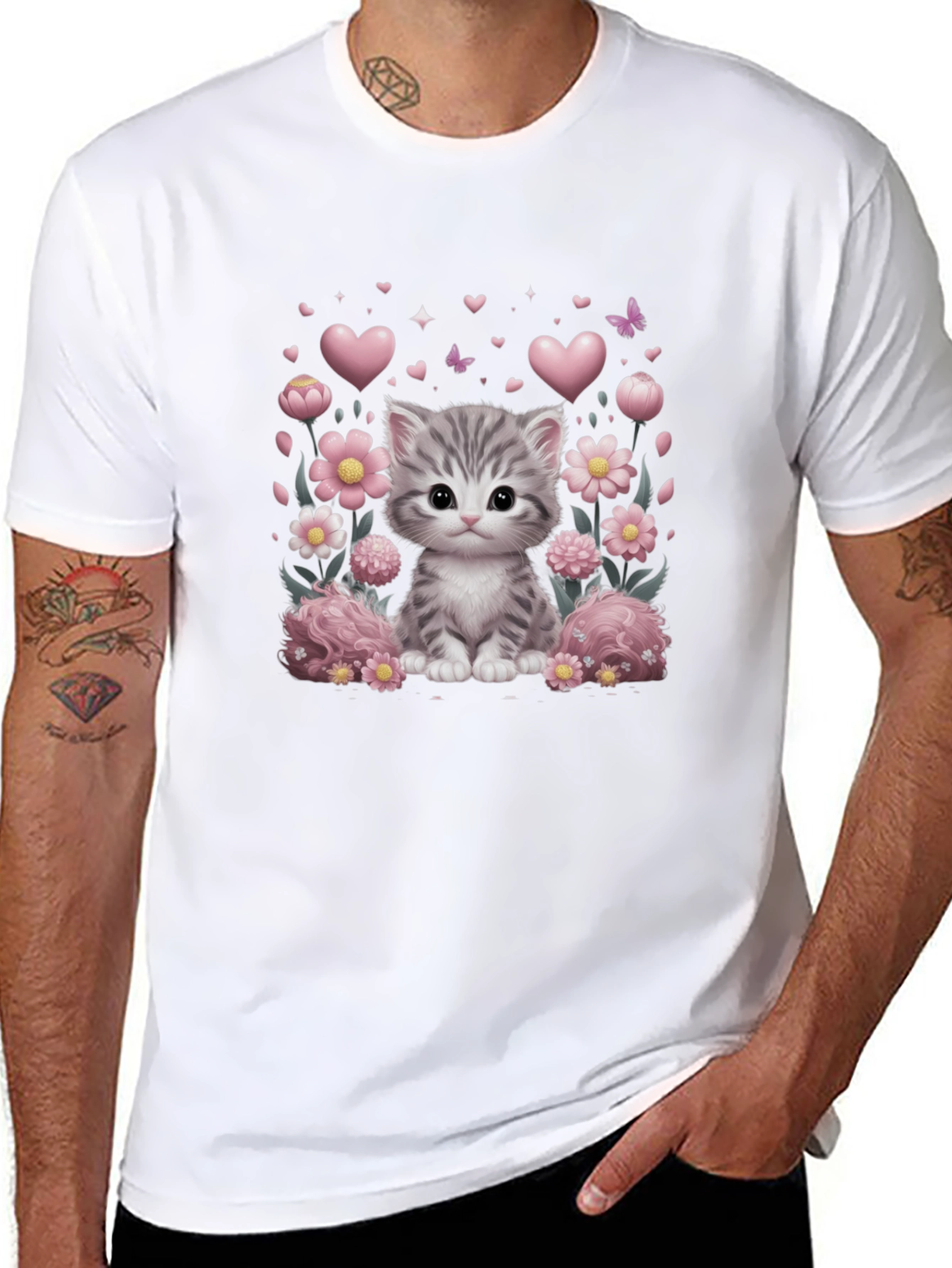 Cute Kitten Floral Heart T-Shirt
